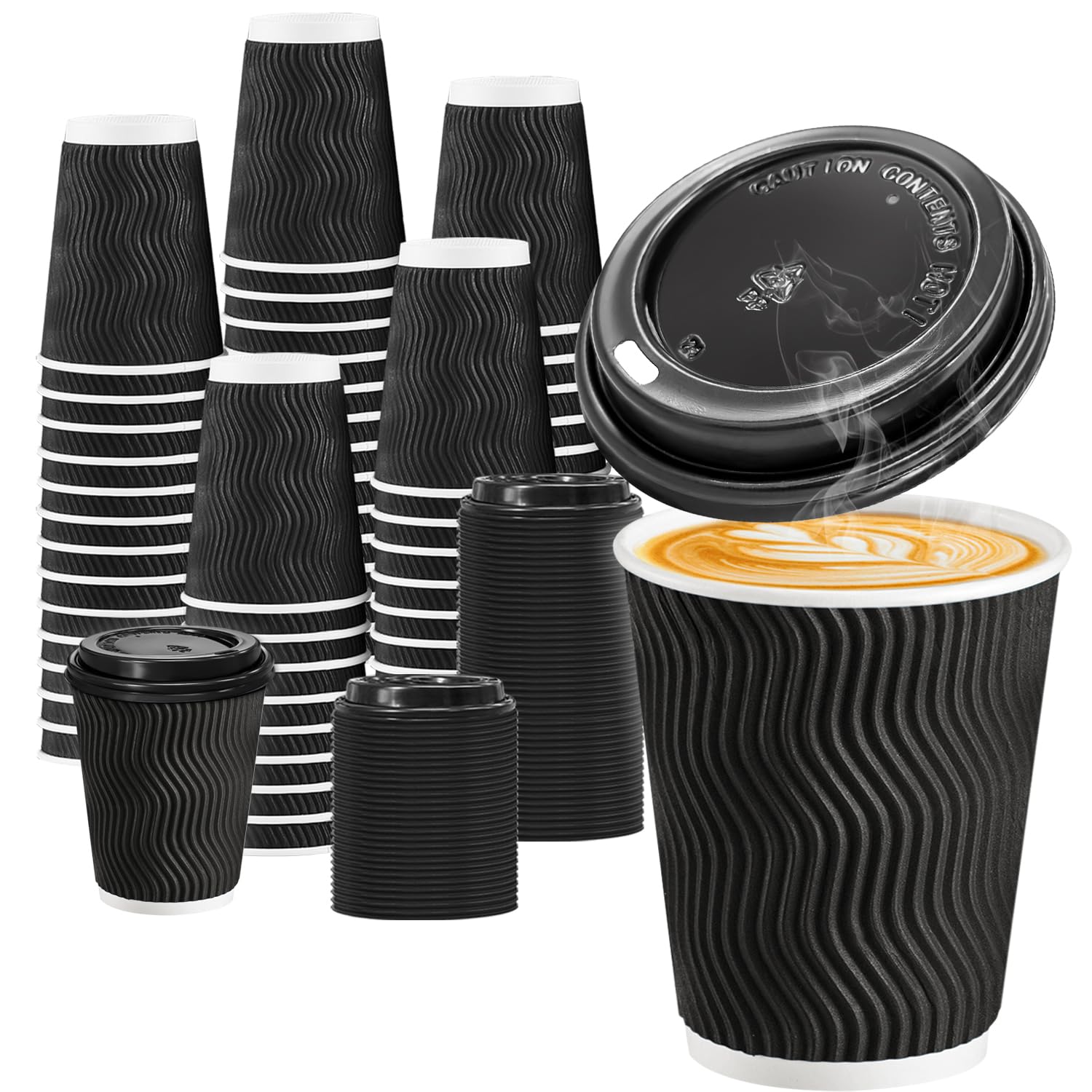 BYSNOW 100 Pack 10 oz Coffee Cups with Lids, Disposable Insulated Hot Cups To Go Paper Coffee Cups, Corrugated Ripple Wall Cup f
