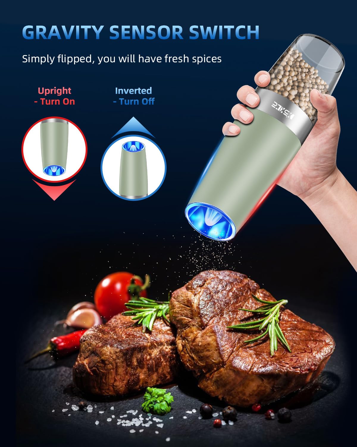 XinXu Gravity Electric Pepper and Salt Grinder Set, Adjustable Coarseness, with LED Light, One Hand Automatic Operation (Set/Lig
