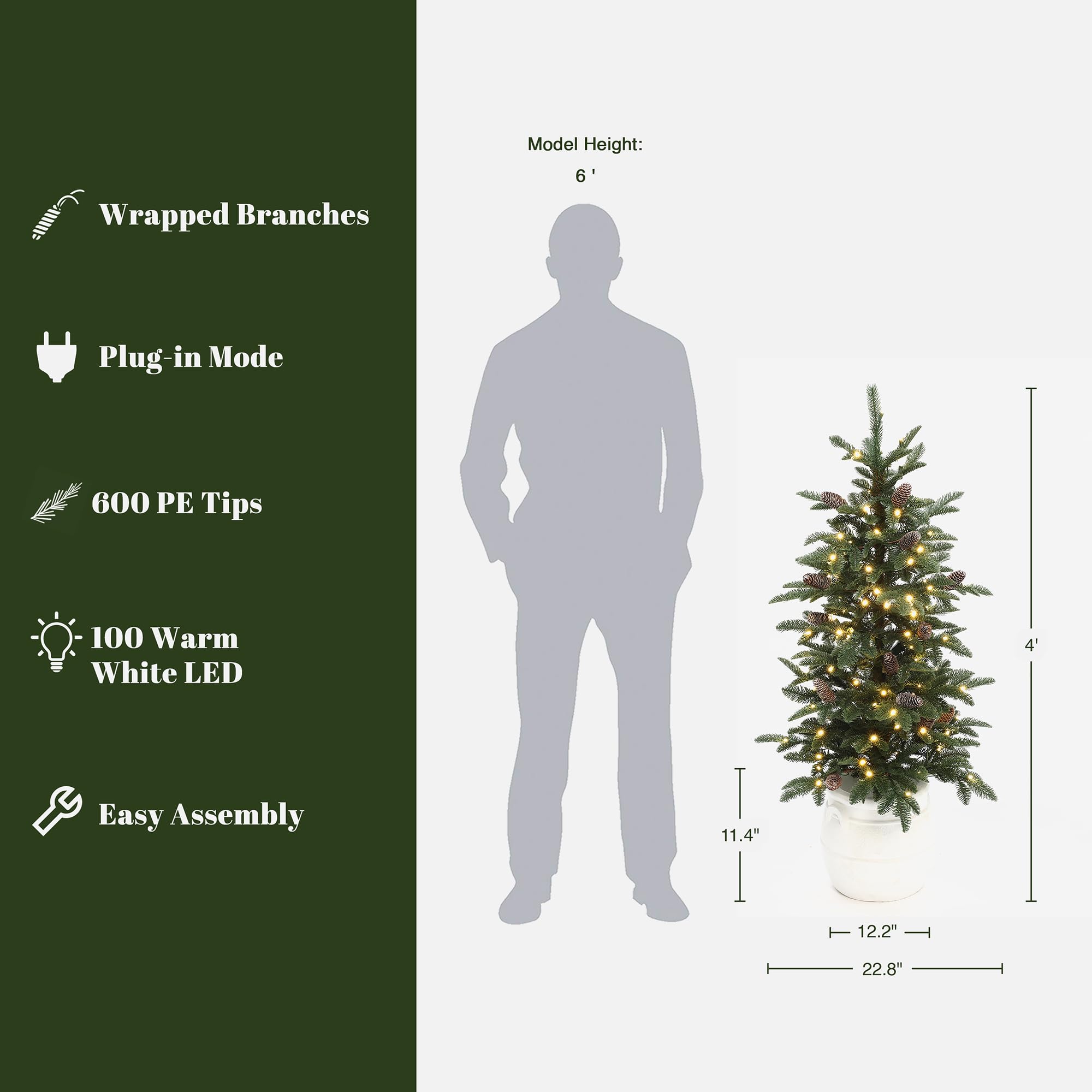 LuxenHome 4FT Small Christmas Tree, Slim Potted Christmas Trees with 100 Warm White LED Lights, Artificial Pine Tree with Pine C