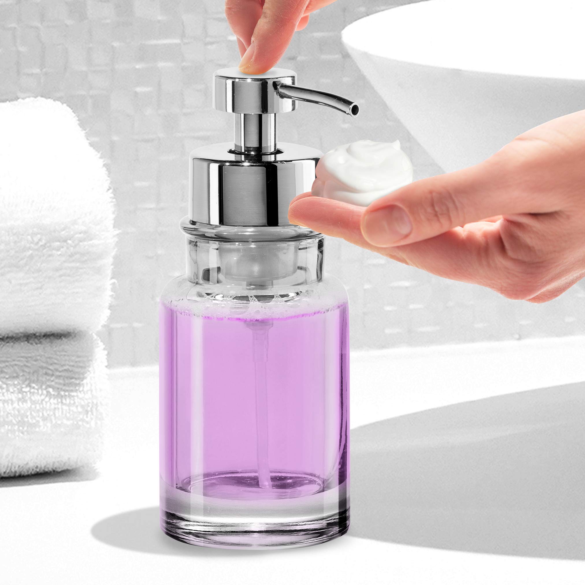 Oggi Glass Foaming Soap Dispenser, 10oz, Round Heavy Glass, Aqua/Chrome, Stylish Refillable for Bathroom and Kitchen, Model 5715.6