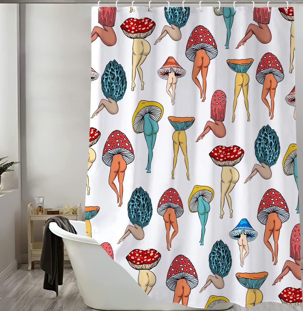 Funny Mushroom Butt Shower Curtain, Fun Cute Sexy Butt 70S 80S Fabric Shower Curtains For Bathroom Hippie Psychedelic Aesthetic