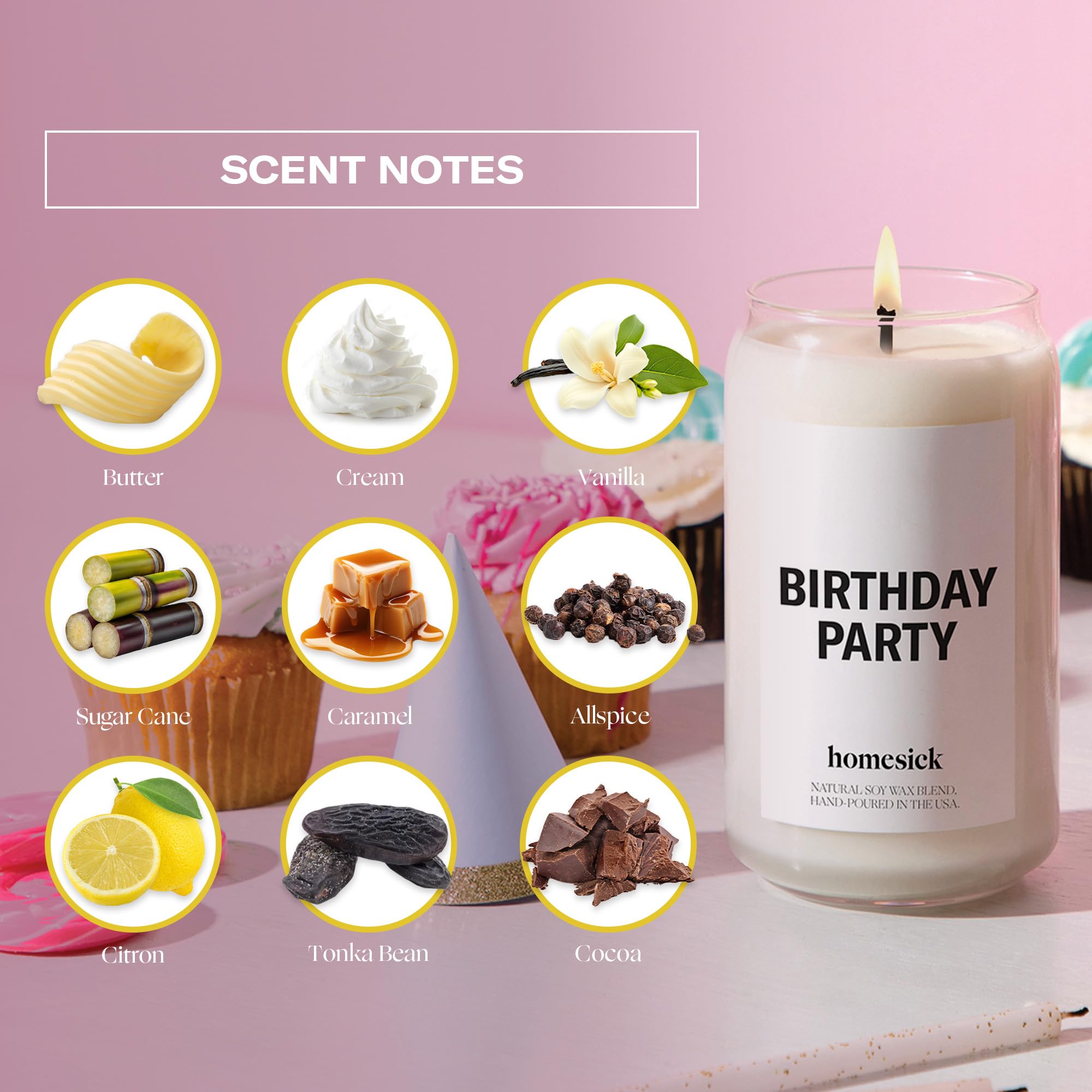 Homesick Premium Scented Candle, Birthday Party - Scents of Butter, Cream, Vanilla, 13.75 oz, 60-80 Hour Burn, Natural Soy Blend