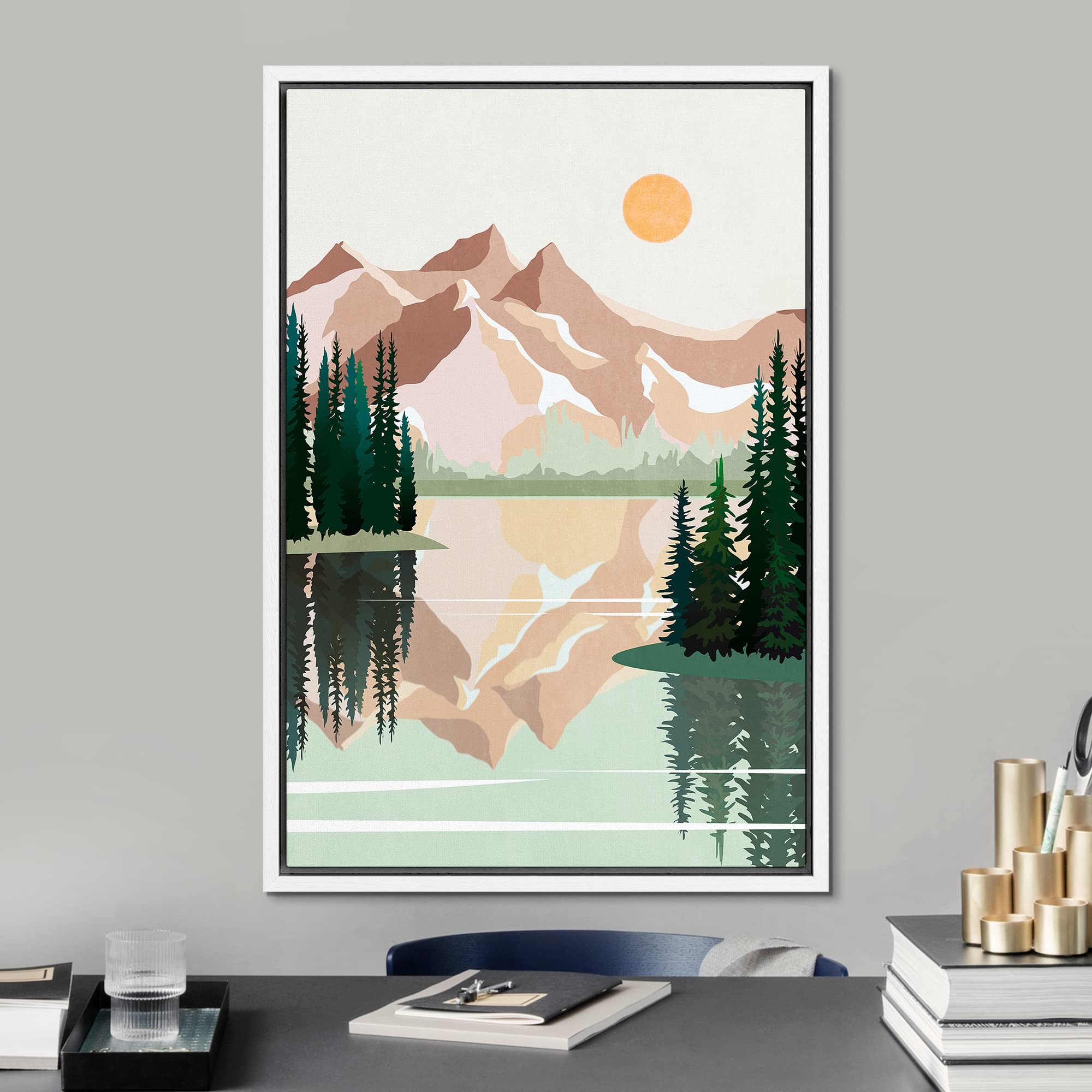 Signford Framed Canvas Print Wall Art Pastel Winter Mountain Forest Lake Reflection Nature Wilderness Illustrations Modern Art D