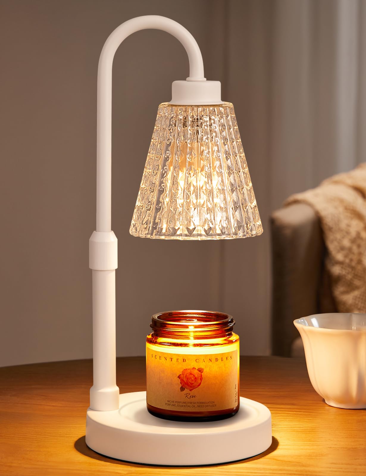 Innqoo White Crystal Candle Warmer Lamp with Timer, Dimmable Candle Warmer for Jar Candles, Height Adjustable Wax Melts Warmer, 