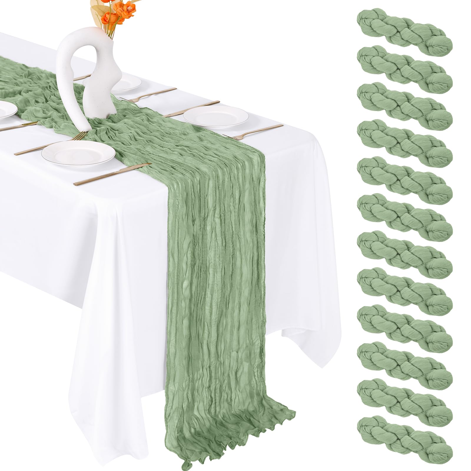 FANTEKE 12 Pack Sage Green Cheesecloth Table Runner 20 x 120 Inch Gauze Table Runner Fabric Semi Sheer Cheese Cloth Table Decor 