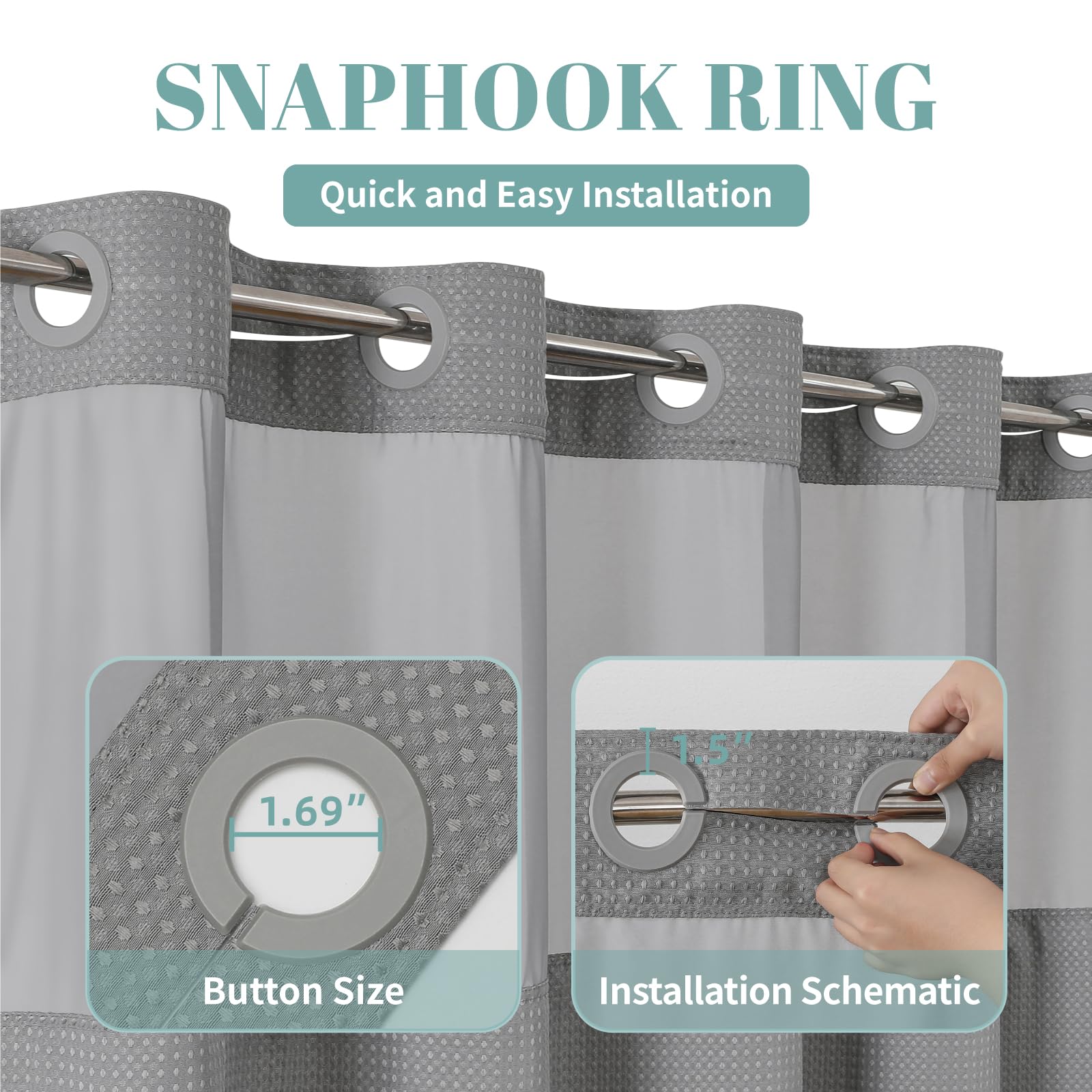 Eachope Grey No Hook Waffle Weave Shower Curtain With Snap-In Liner Replacement, 230Gsm Waterproof Fabric Hotel Shower Curtain S