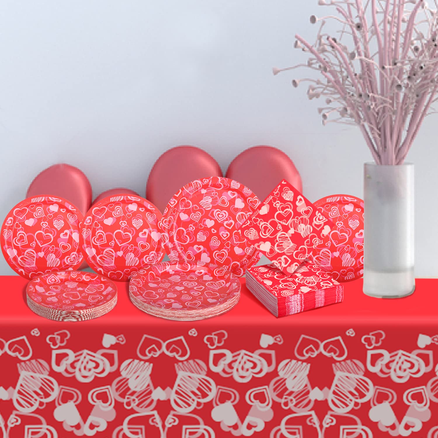 Gatherfun Valentine'S Day Party Supplies Hot Heart Love Disposable Paper Plates Napkins Waterproof Plastic Tablecloth For Valent