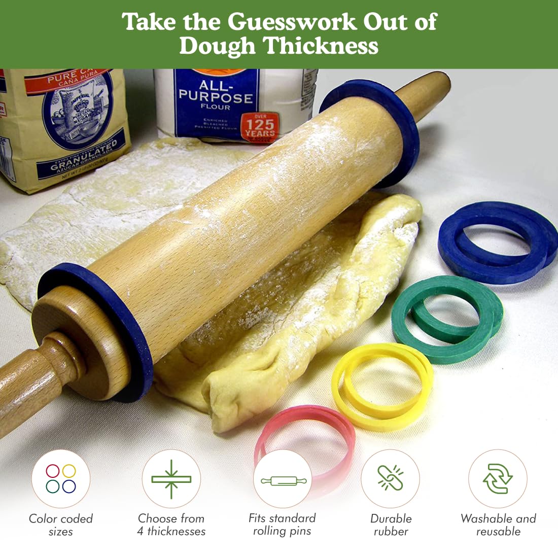 Regency Wraps Evendough Bands, Rolling Pin Rings For Rolling Dough To Precise Thickness For Pizza, Pies, Pastries, Pasta, Set Of