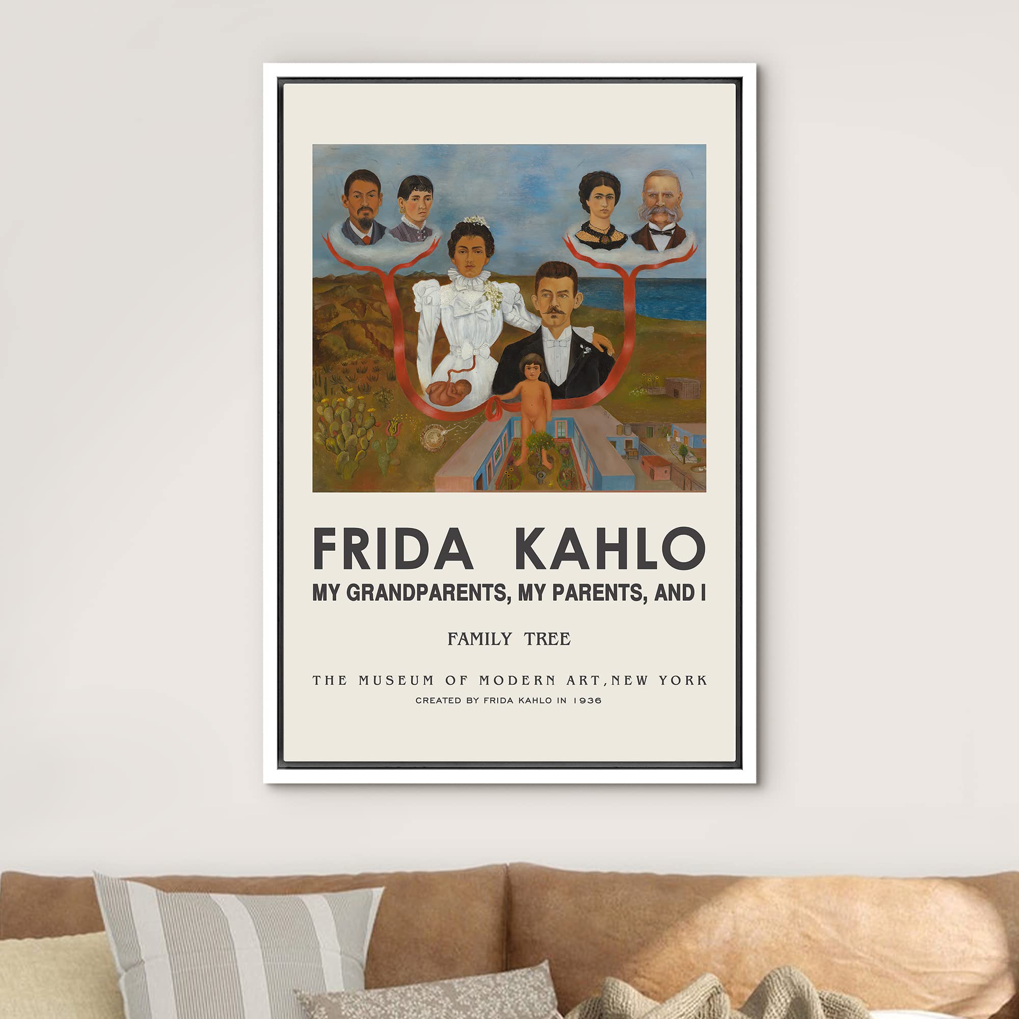 Idea4Wall Framed Canvas Print Wall Art My Grandparents, Parents & I By Frida Kahlo Historic Cultural Illustrations Fine Art Trad