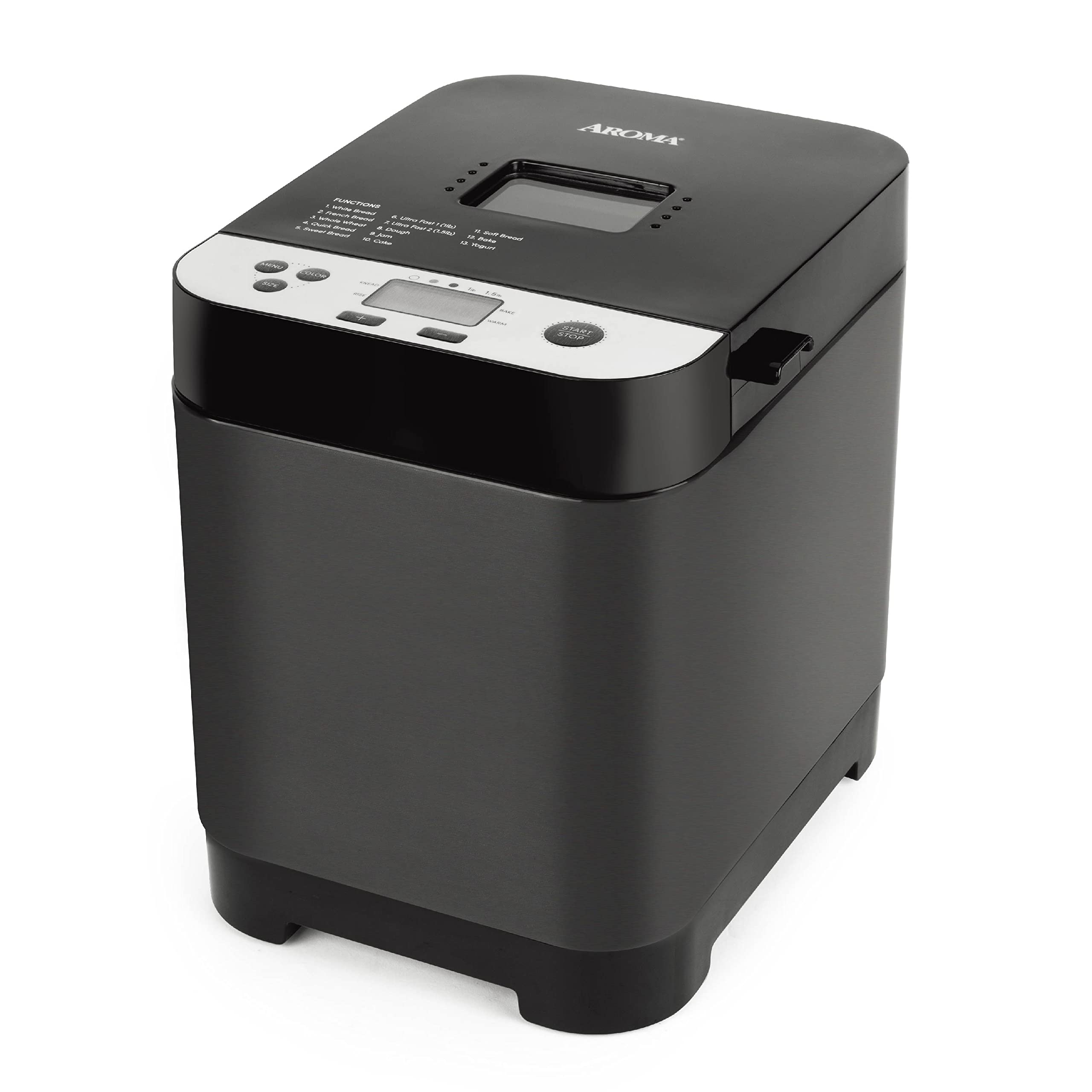 AROMA 1.5lbs. Digital Bread Maker with Crust Customization, Clear-View Lid, and Nonstick Baking Pan, Black (ABM-250)