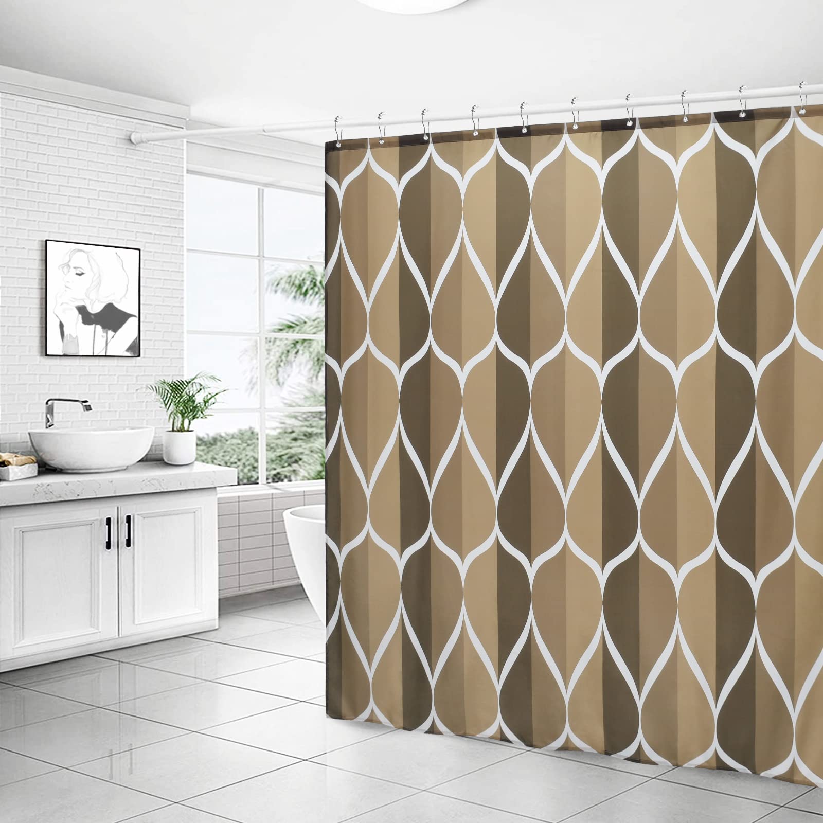 Gelbchu Brown Geometric Shower Curtain  Waterproof Design and Polyester  Quick-Drying  Weighted Hem  Brown Fabric Shower Curtains Set for Bathroom W 72 x H 72  Durable and Washable with 12 Hooks