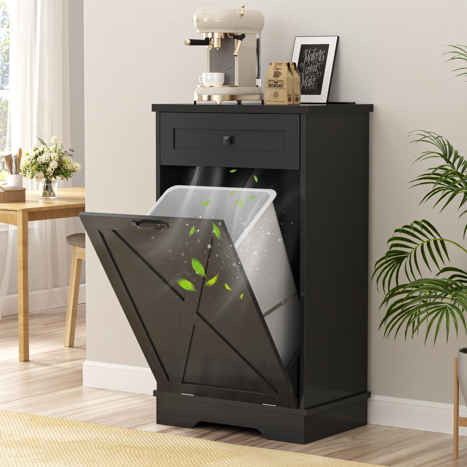 Tilt Out Trash Cabinet, Farmhouse Trash Can Cabinet W/Negative Ion, Dog Proof 10 Gallon Garbage Can Cabinet For Kitchen, Bathroo