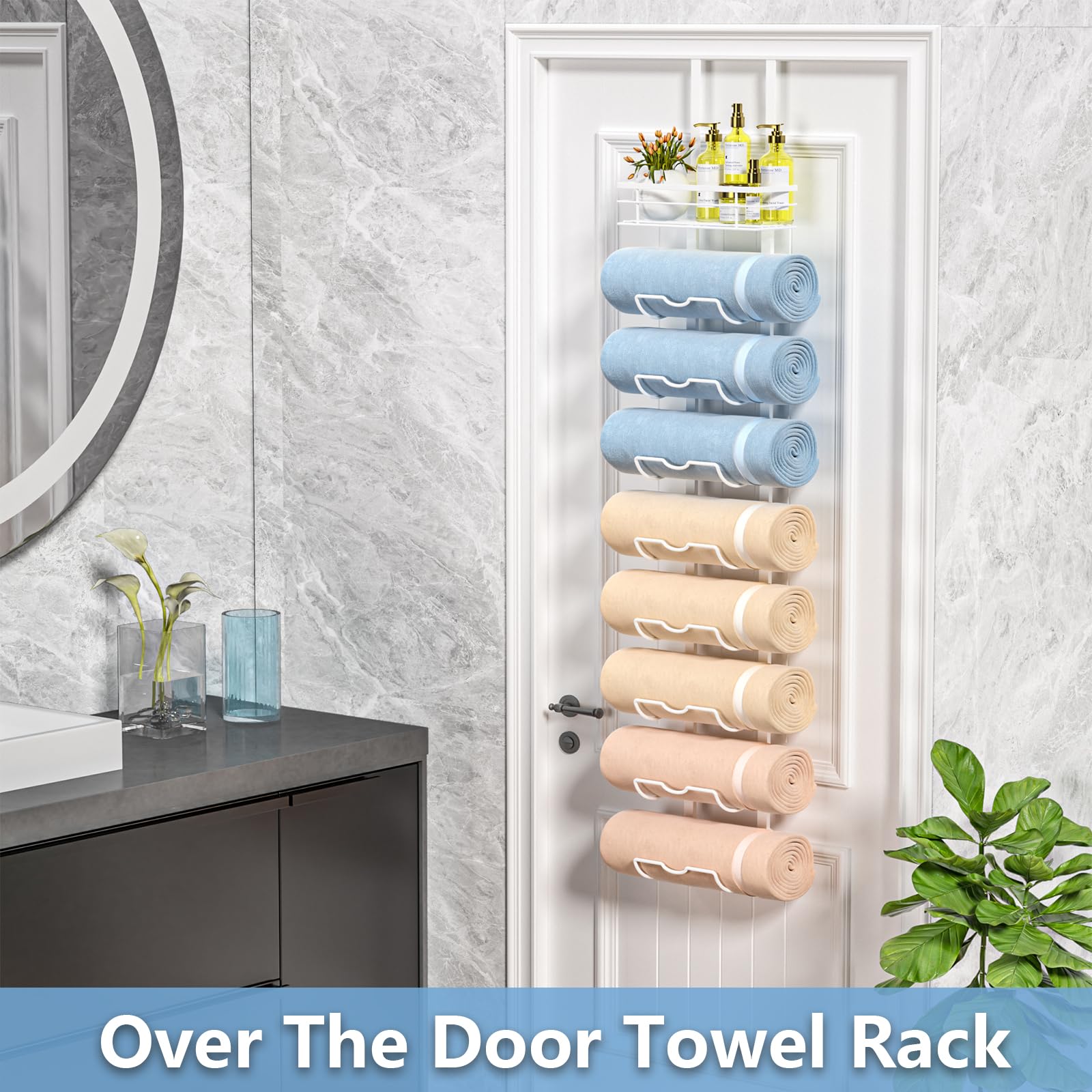 Xstydes 9-Tier Over The Door Towel Rack,Towel Racks For Bathroom, Metal Towel Holder With Storage Basket,Towel Rack For Rolled T