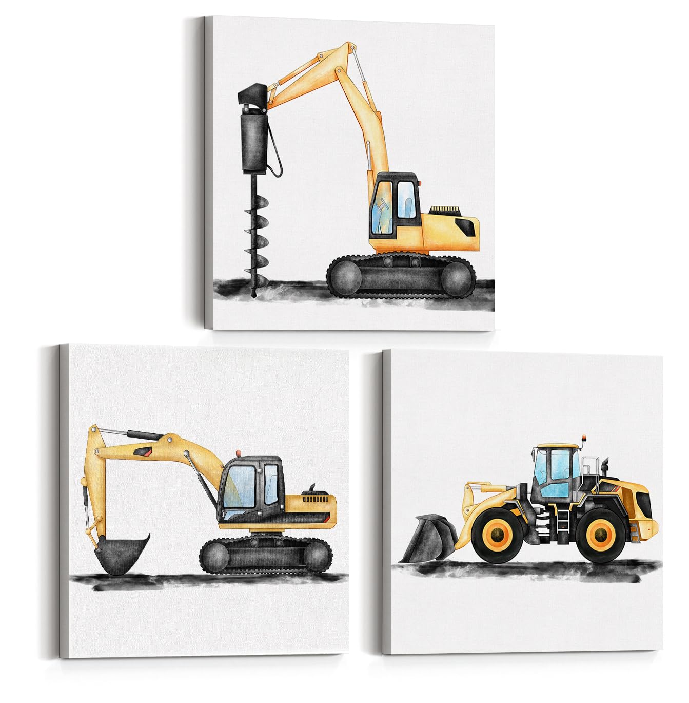 Set Of 3 Construction Truck Nursery Canvas Wall Art Framed Paintings Prints Watercolor Digger Dump Truck Vehicle Art Canvas Wall