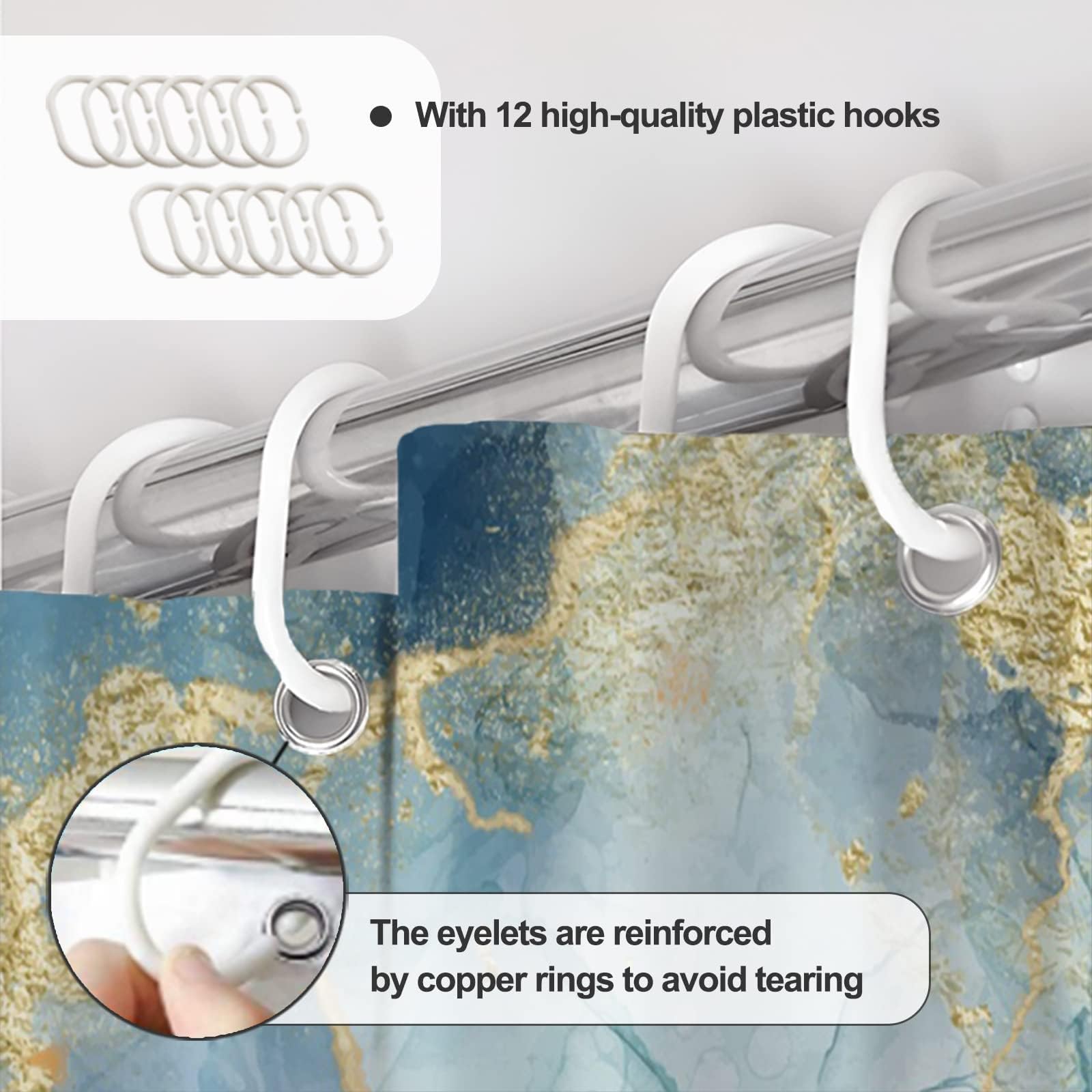 Awert Teal Marble Shower Curtain For Bathroom Waterproof Quick-Drying Modern Abstract Shower Curtain Set With Hooks 72X78 Inch