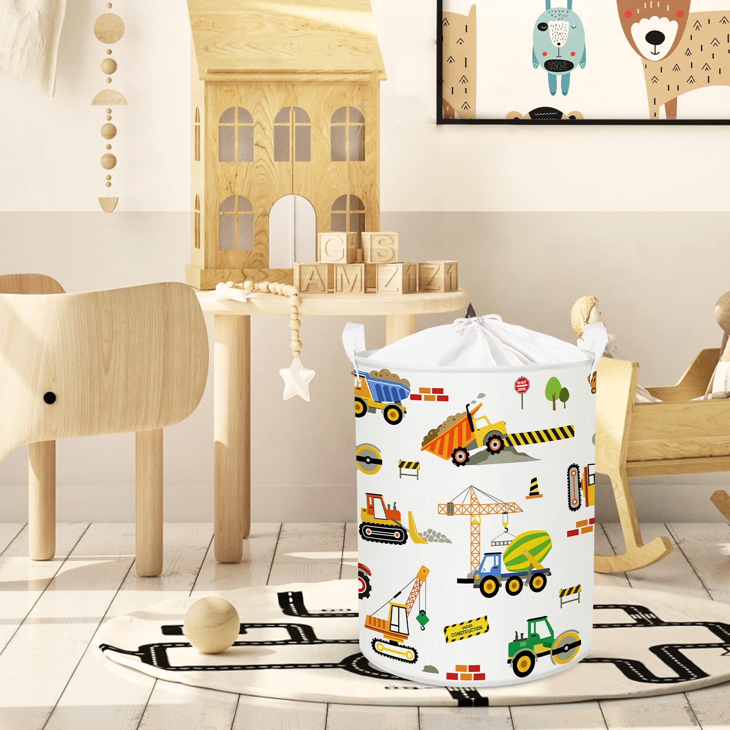 Clastyle 45L Cartoon Construction Vehicles Waterproof Laundry Hamper Collapsible Excavators Truck Laundry Basket With Drawstring