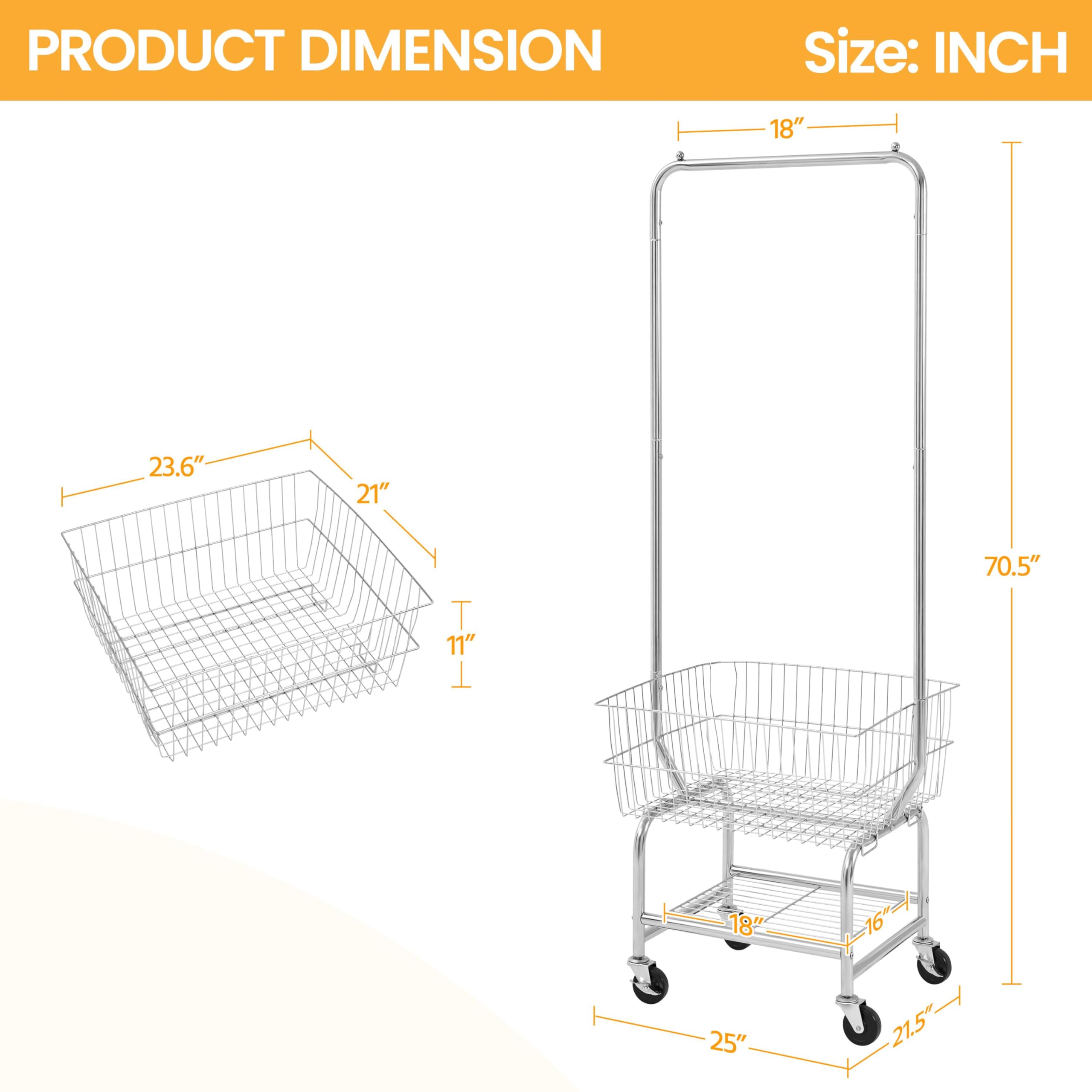 Yaheetech Laundry Cart With Wheels, Rolling Laundry Bakset With Hanging Rack, Silver Laundry Organizer, Chrome-Plated Metal Wire