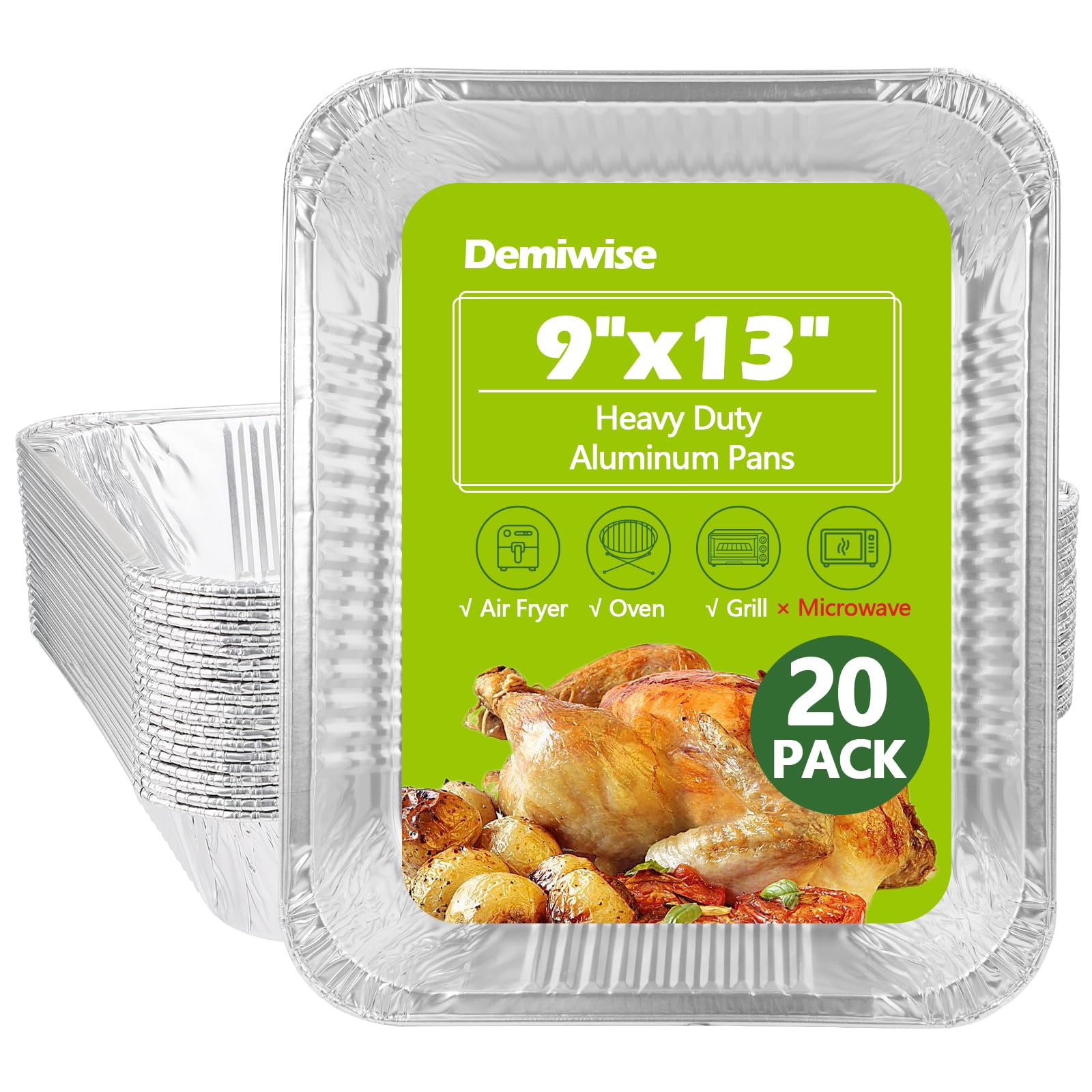 Demiwise Thickened 20 Pack Heavy Duty Aluminum Pans, 9x13 Aluminum Foil Pans Disposable, Half Size Steam Table Foil Baking Tray 