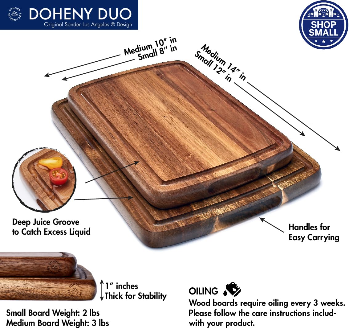 Set of 2 Sonder Los Angeles Acacia Wood Cutting Boards with Juice Groove, Gift Box Included - Small & Medium Sizes: 14x10x1in &