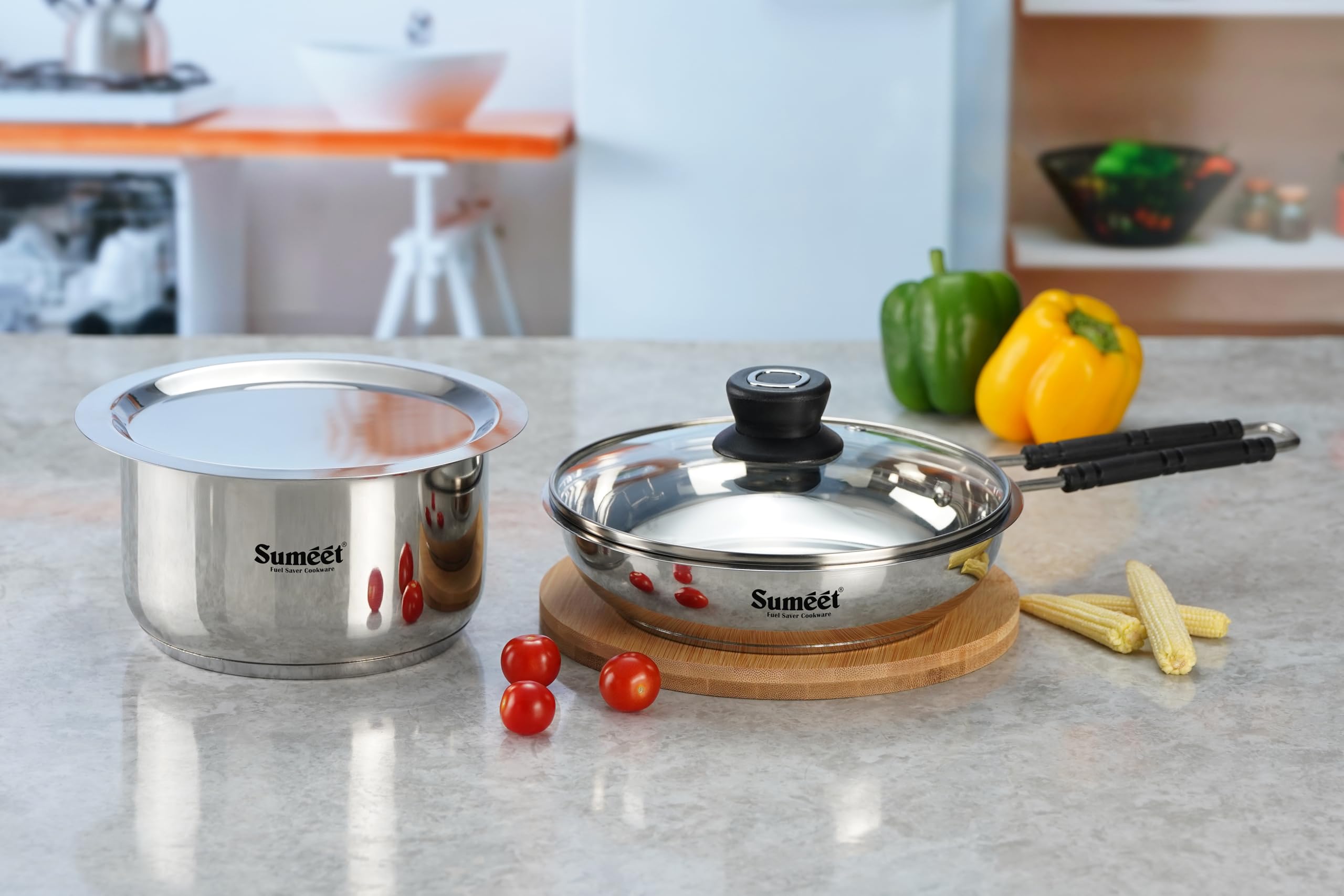 Sumeet Stainless Steel Induction Bottom Gas Stove & Induction Friendly 4Pc Cookware Set, Frypan 1250Ml / 20Cm, Tope 1700Ml / 20C