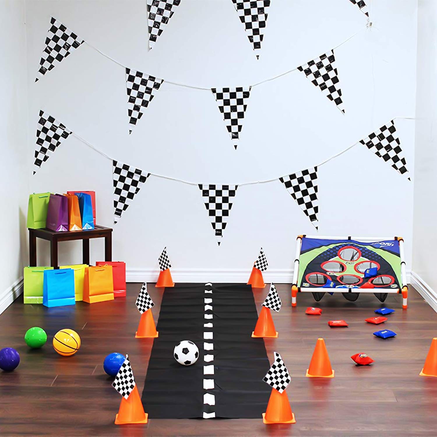 Novelty Place 100Ft Checkered Flag Pennant Banner - 48Pcs Black And White Plastic Racing Flag Banners(12'' X 18'') For Kids Spor