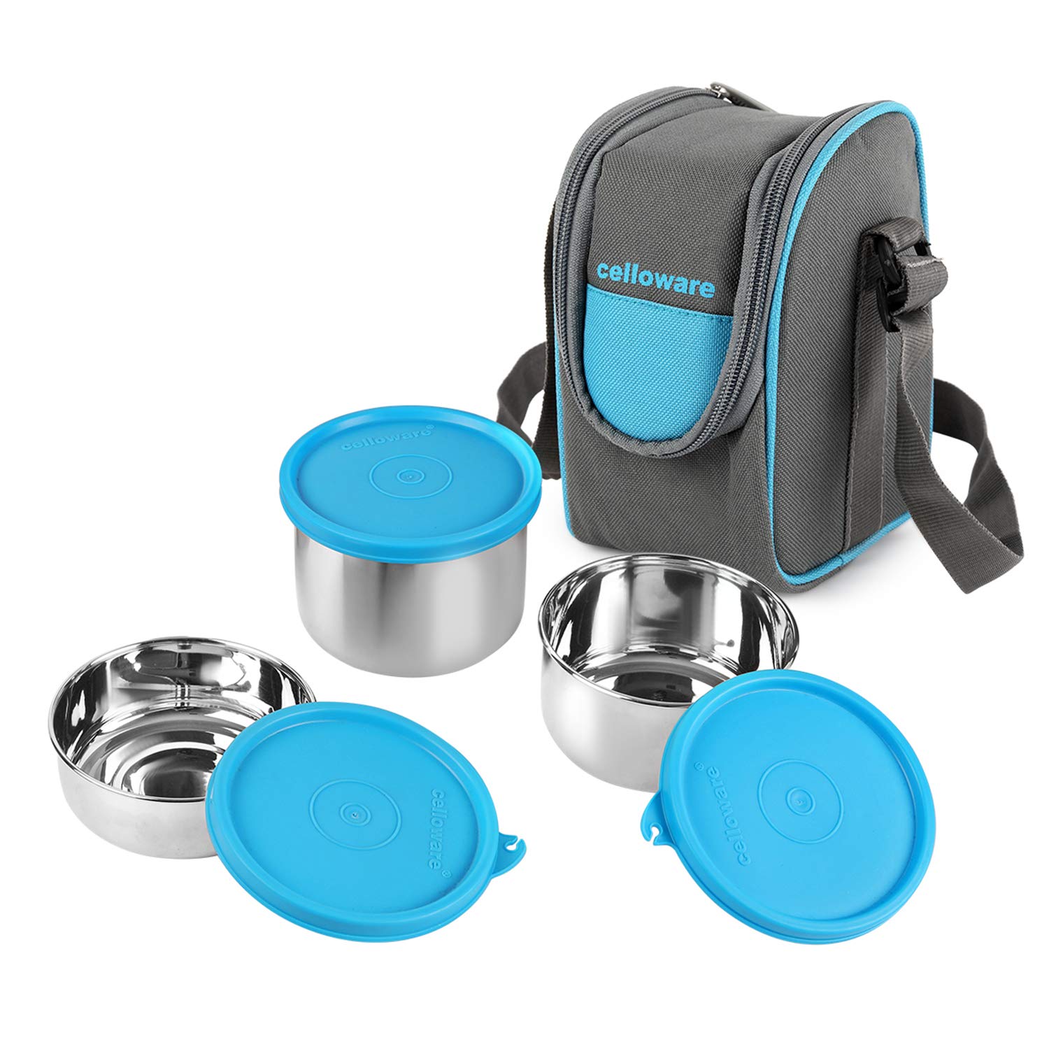 Cello Steelox Set Of 3 Pieces Lunch Box With Jacket For Office, Blue | 550Ml, 375Ml, 225Ml Stainless Steel Containers | Food Gra