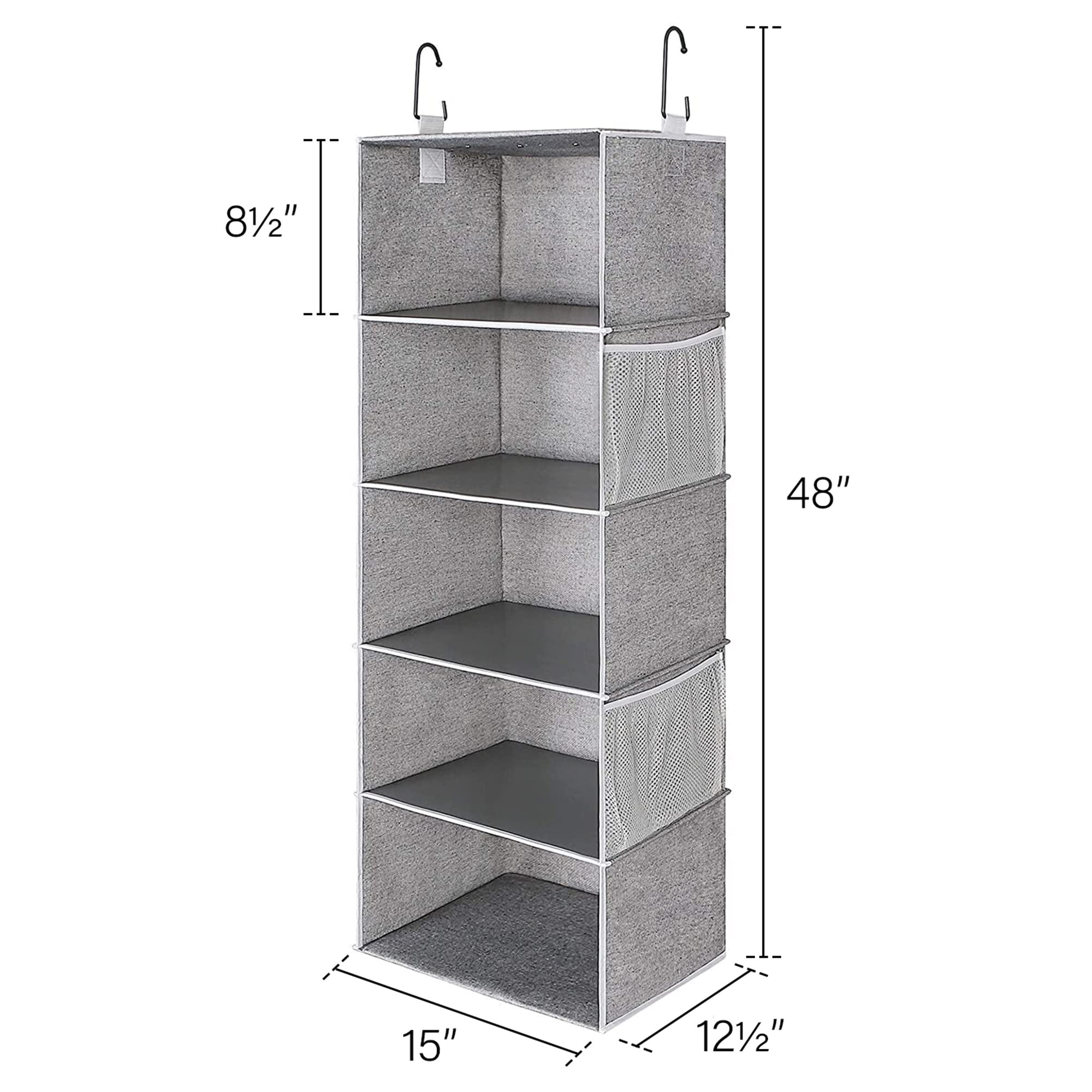 StorageWorks 5-Shelf Jumbo Hanging Storage Closet  Hanging Organizer for Closet Rod  Hanging Cloth Organizer Storage  Canvas  Gray  13'' D x 15'' W x 47