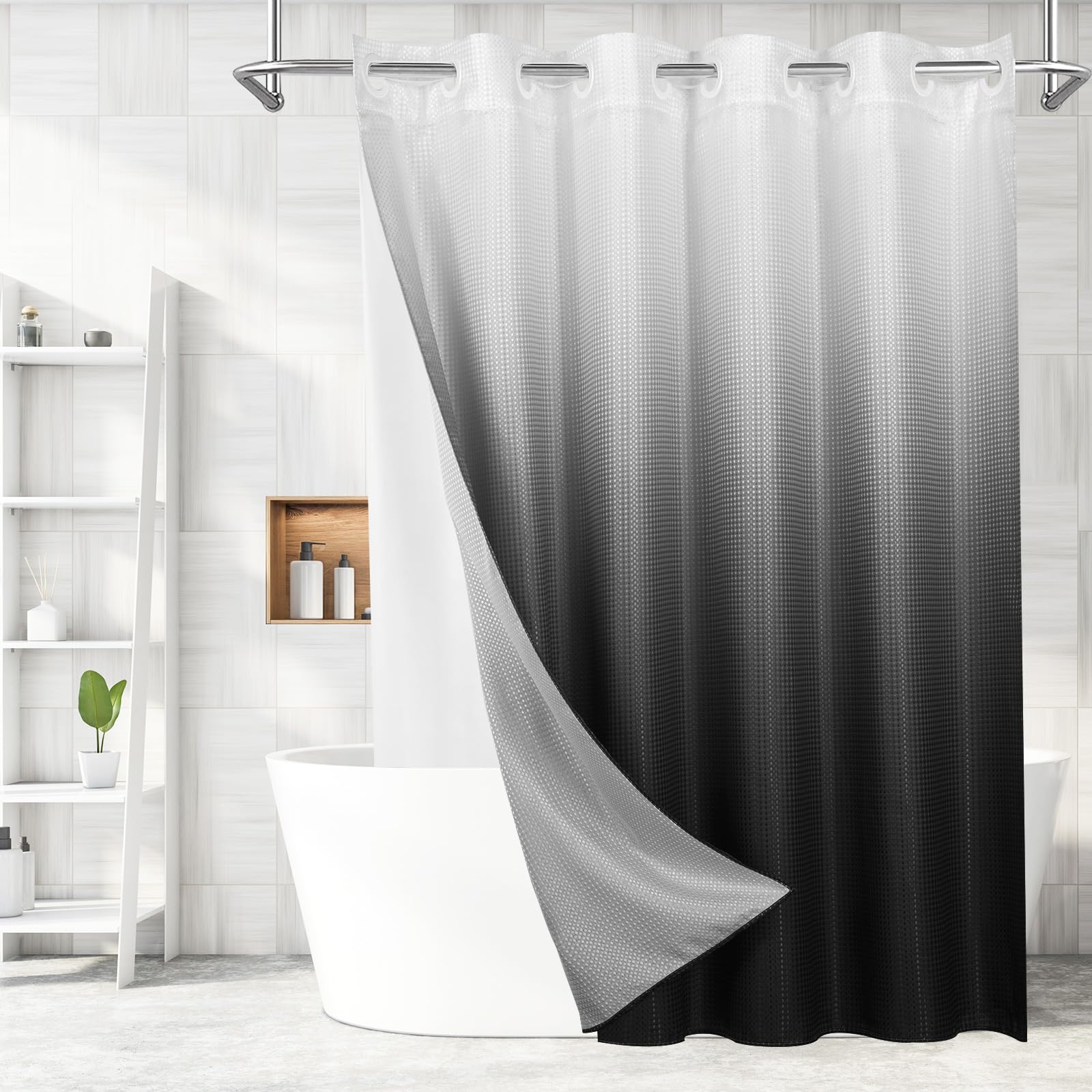 Mitovilla No Hooks Needed Black Ombre Waffle Shower Curtain With Snap-In Liner, Modern Waffle Weave Heavy Duty Fabric Cloth Show