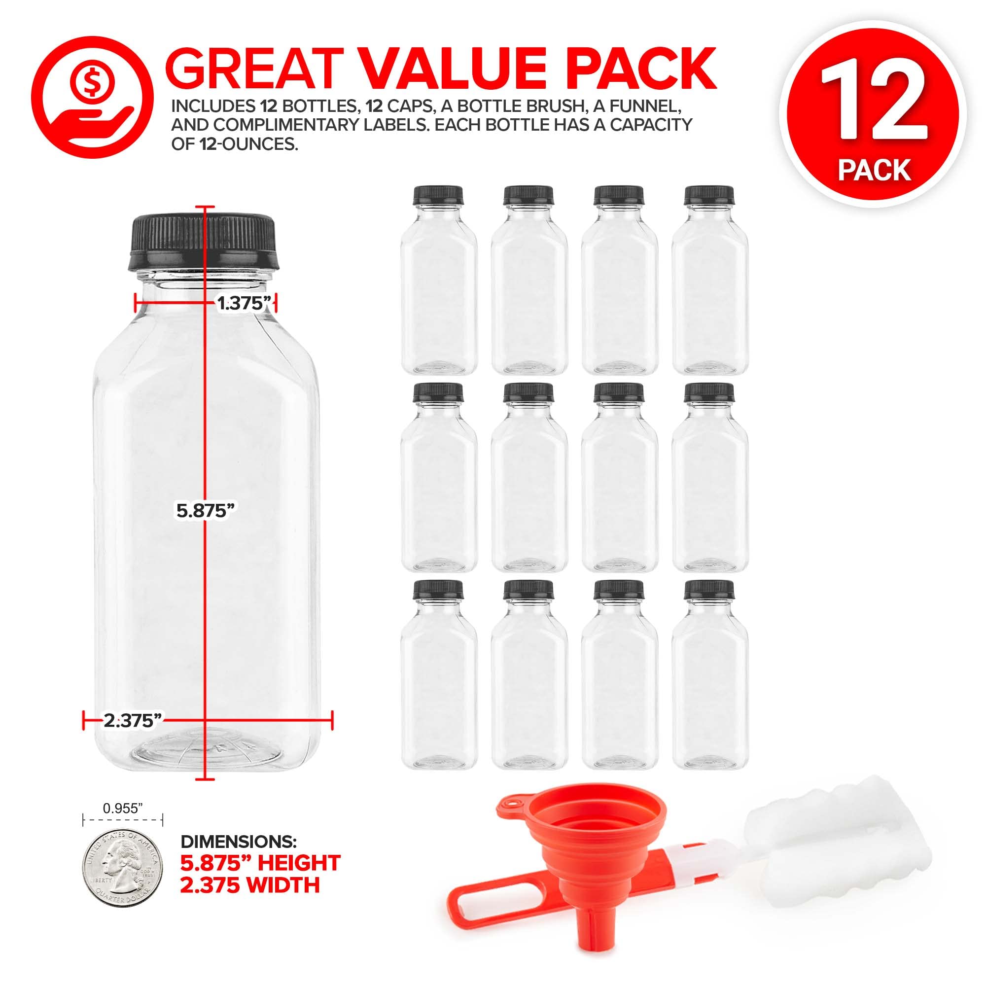 12 oz Juice Bottles with Caps for Juicing (12 pack) - Reusable Clear Empty Plastic Water Bottles - Drink Containers for Mini Fridge  Juicer Shots Includes Labels  Brush & Funnel