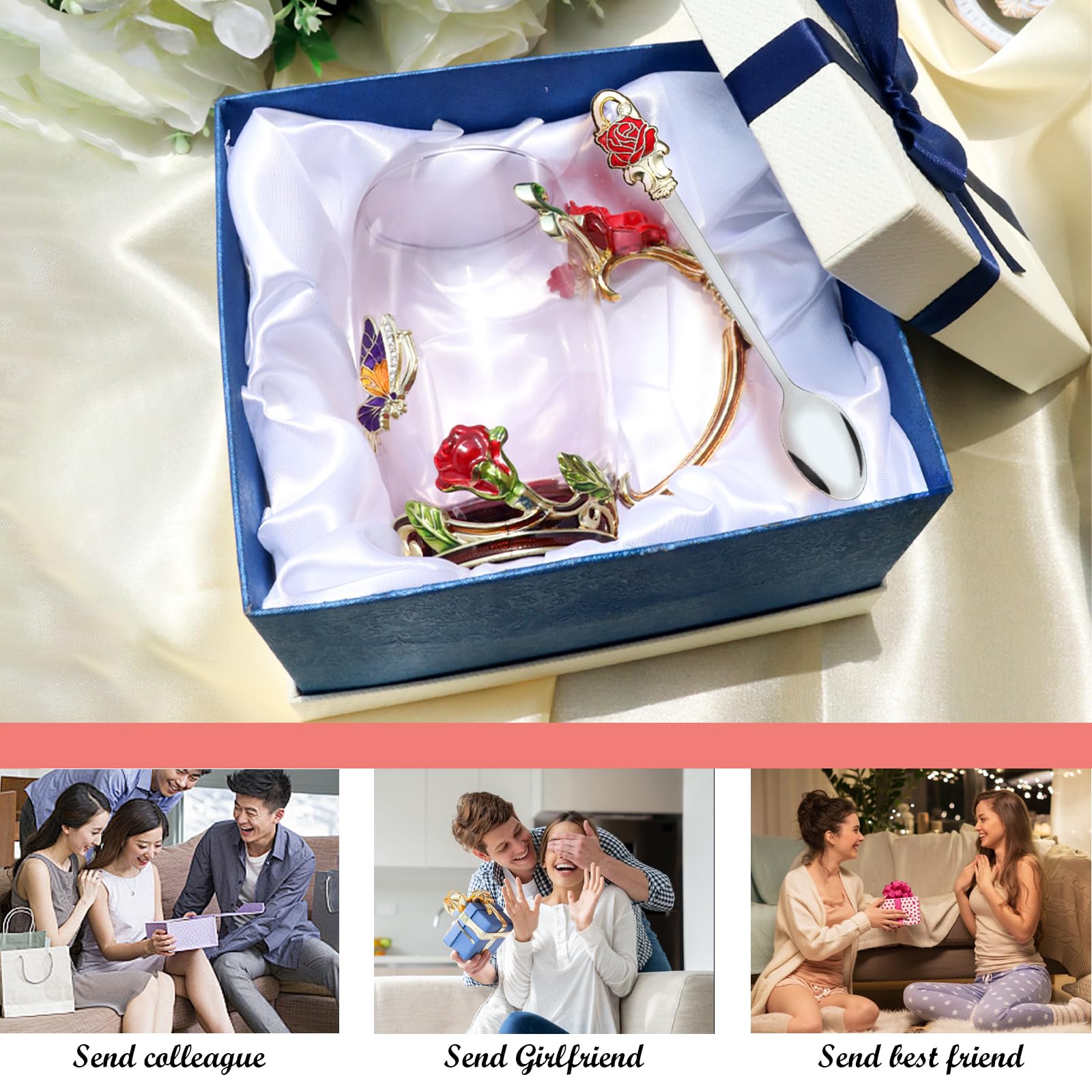 Flower Tea Cup ,Butterfly Rose Clear Glass Fancy Coffee Mug with Spoon,Gift Box for Her Mom Wife Grandma Girls Friends Valentine