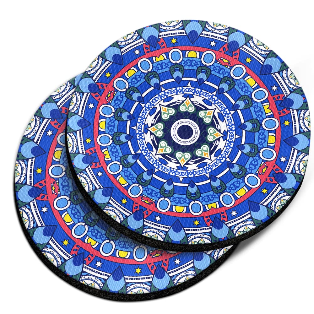 Caribou Coasters , Bohemian Blue Mandala Design Absorbent Round Fabric Felt Neoprene Car Coasters For Drinks (2.87 Inches), 2Pcs