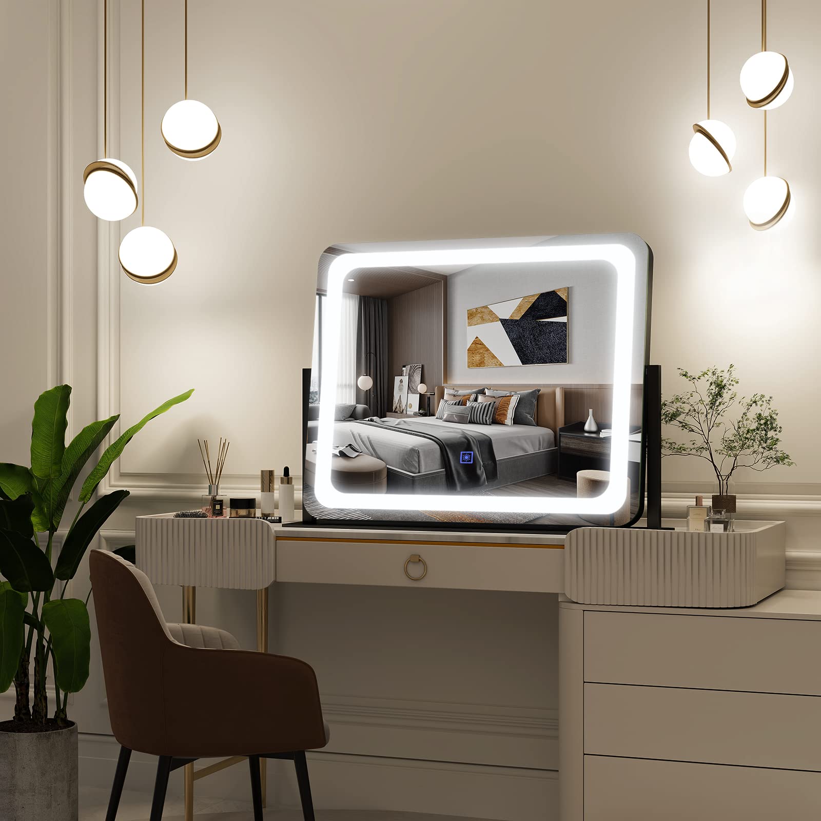 Fennio Vanity Mirror With Lights 22X17,Led Lighted Makeup Mirror,Large Makeup Mirror With Lights,Touch Screen With 3-Color Light