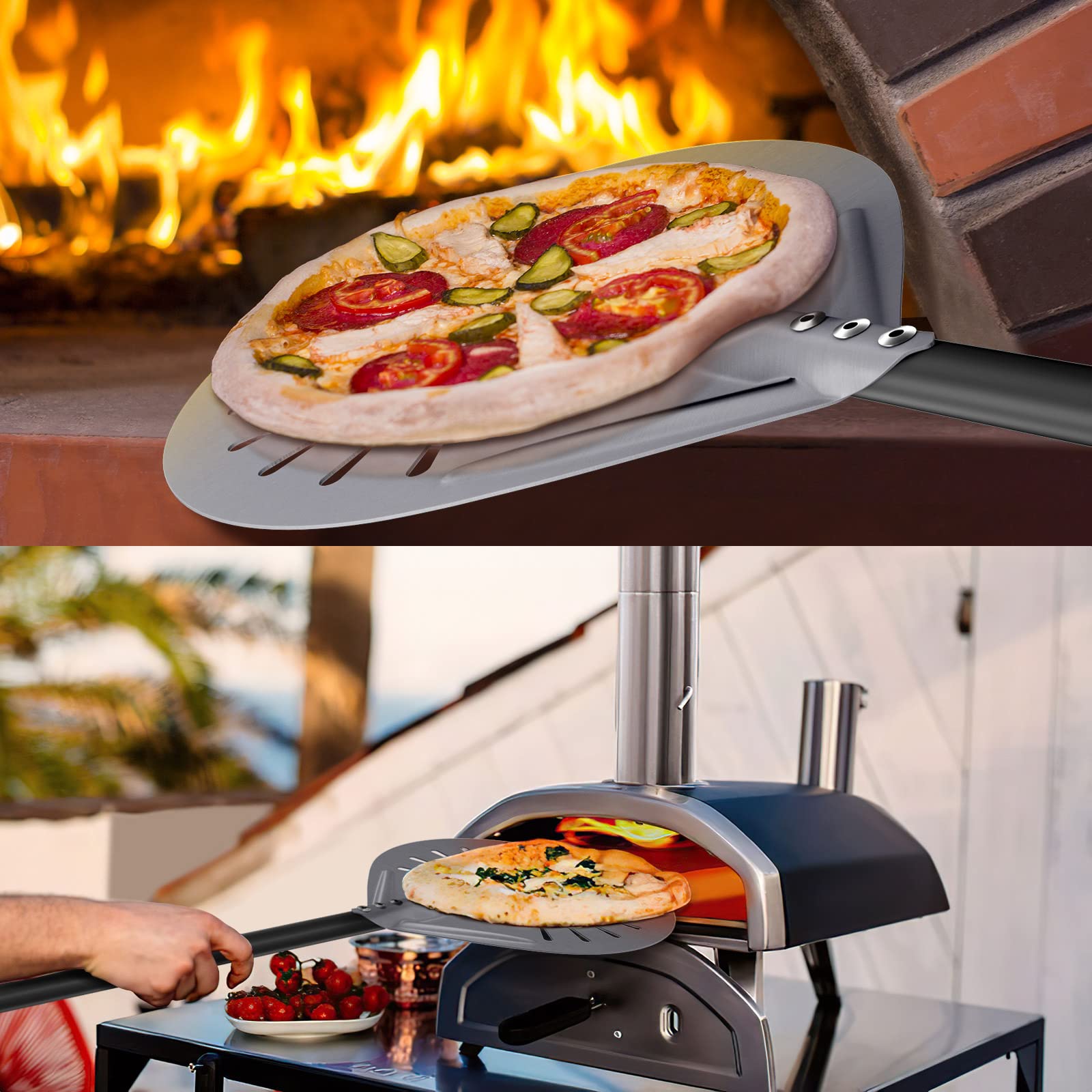 Nutuni Turning Pizza Peel, 9 Inch Aluminum Perforated Pizza Peel, Round Pizza Peel With 33 Or 48 Inch Long Handle, Outdoor Pizza