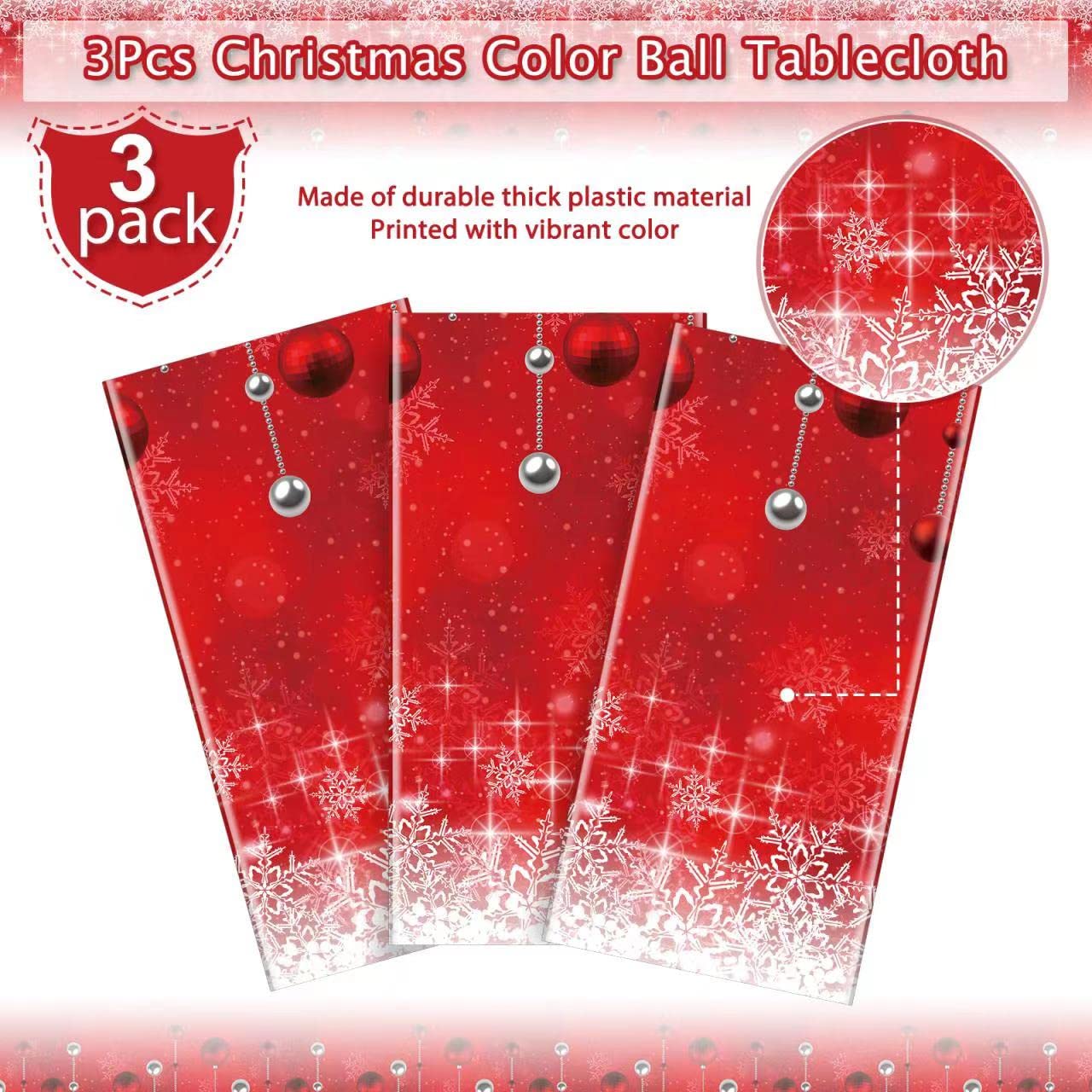 Jectivs 3Pieces Merry Christmas Tablecloth Plastic Christmas Tree Ball Table Cover Rectangle Winter Snowflake Tablecloth for Mer