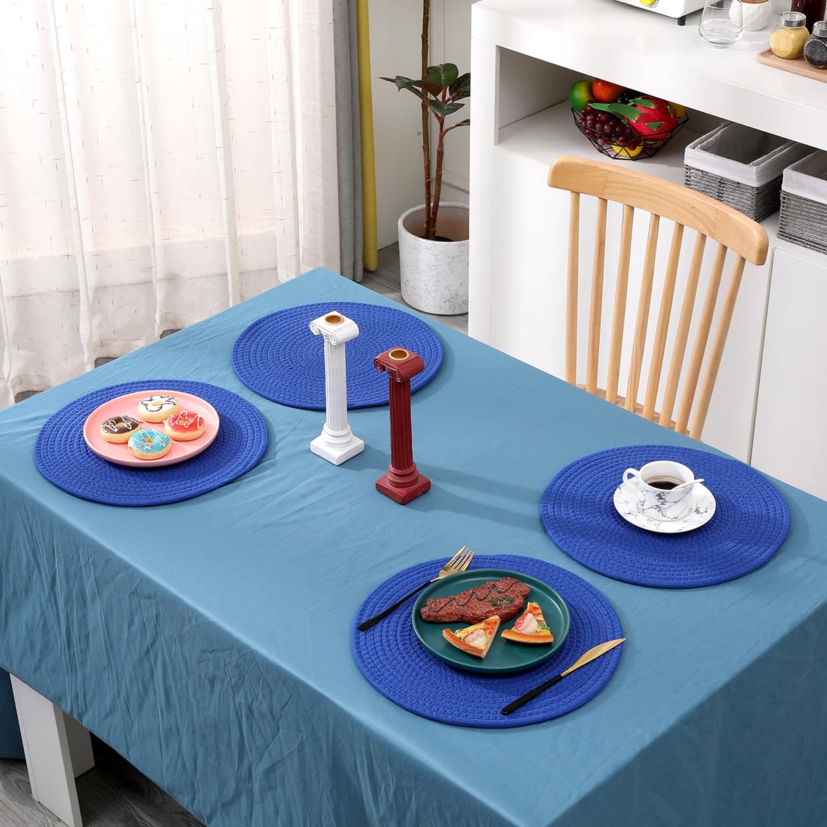 Wenfome Set Of 6 Woven Placemats, 13.8 Inches Round Plate Chargers Cotton Braided Placemats Heat-Resistant Non-Slip Woven Place