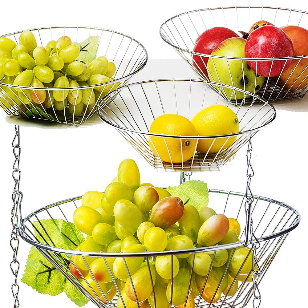 Ipstyle 3 Tier Fruit Tray Basket Vegetable Kitchen Storage Basket Chain Hanging Space Saving Rustic Country Style Chicken Wire F