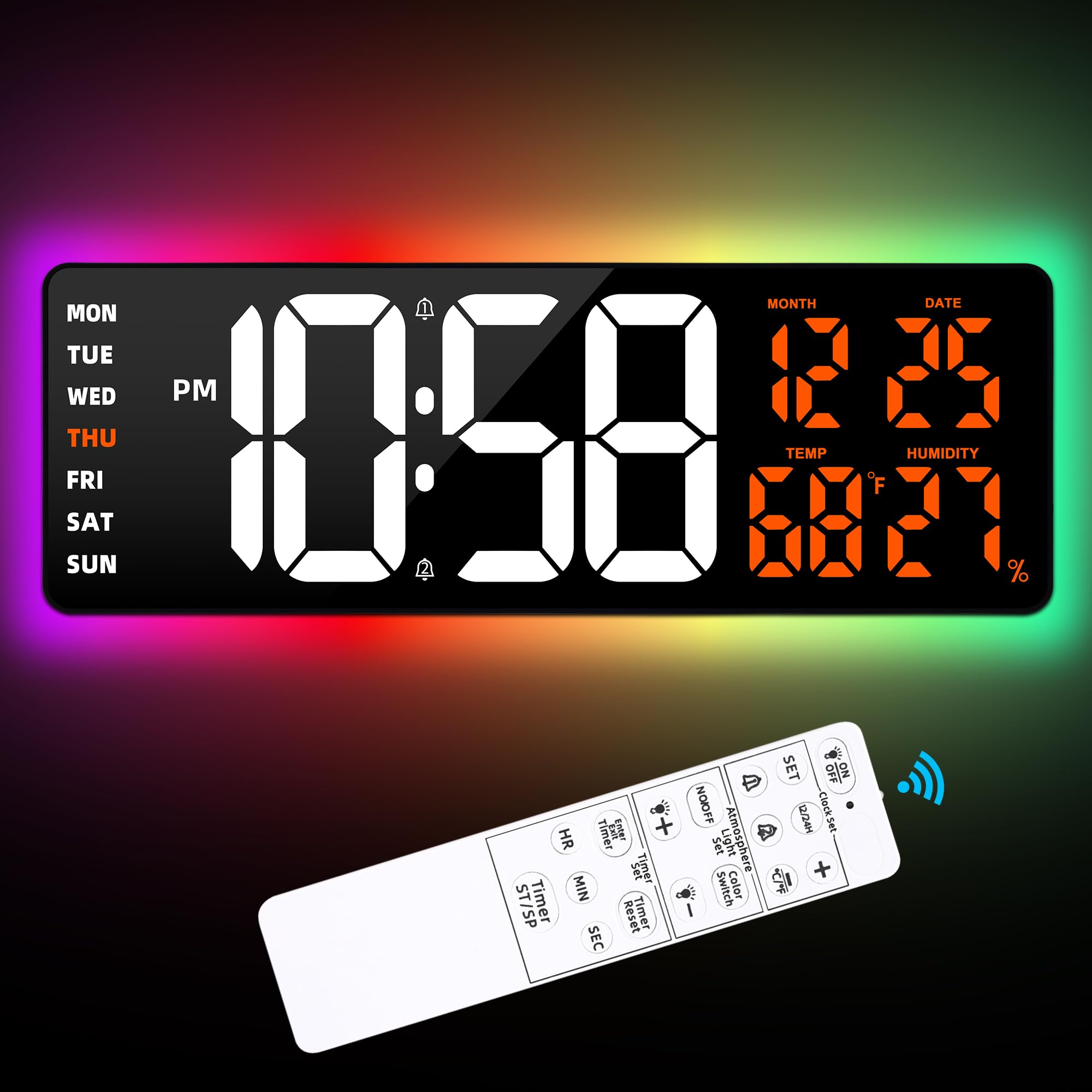 Large Digital Wall Clock, 17.3 Inch Led Display With Jumbo Number, 8 Color Modes, Mood Lights, Auto Dimming/Dst, Countdown/Up Ti