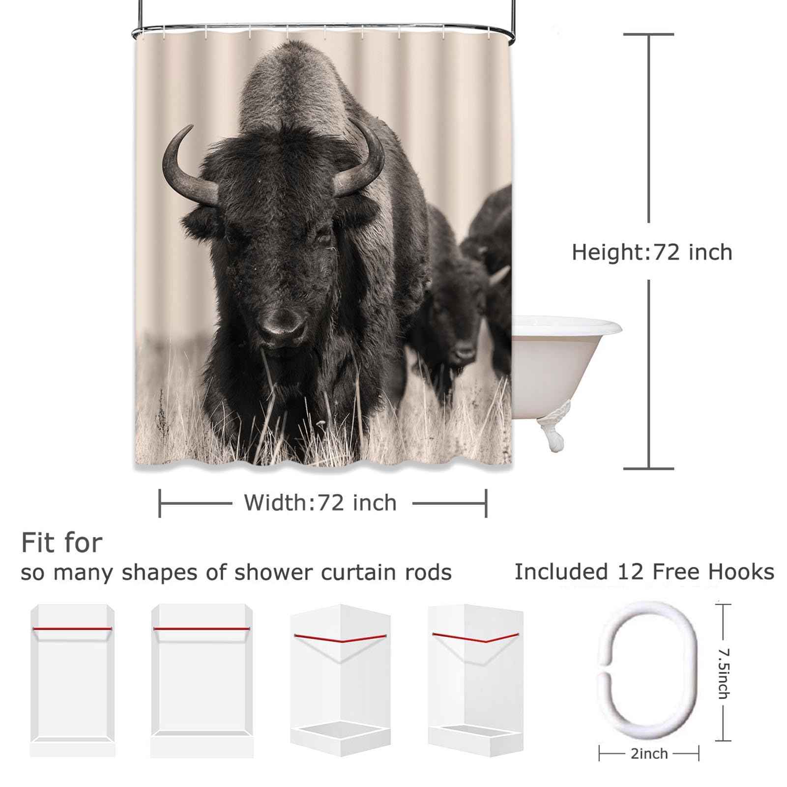 Emvency Decorative Shower Curtain Head Bison Buffalo in Sepia Herd of Shot One Animal 72''x72'' Waterproof Bathroom Shower Curtain Set with Hooks
