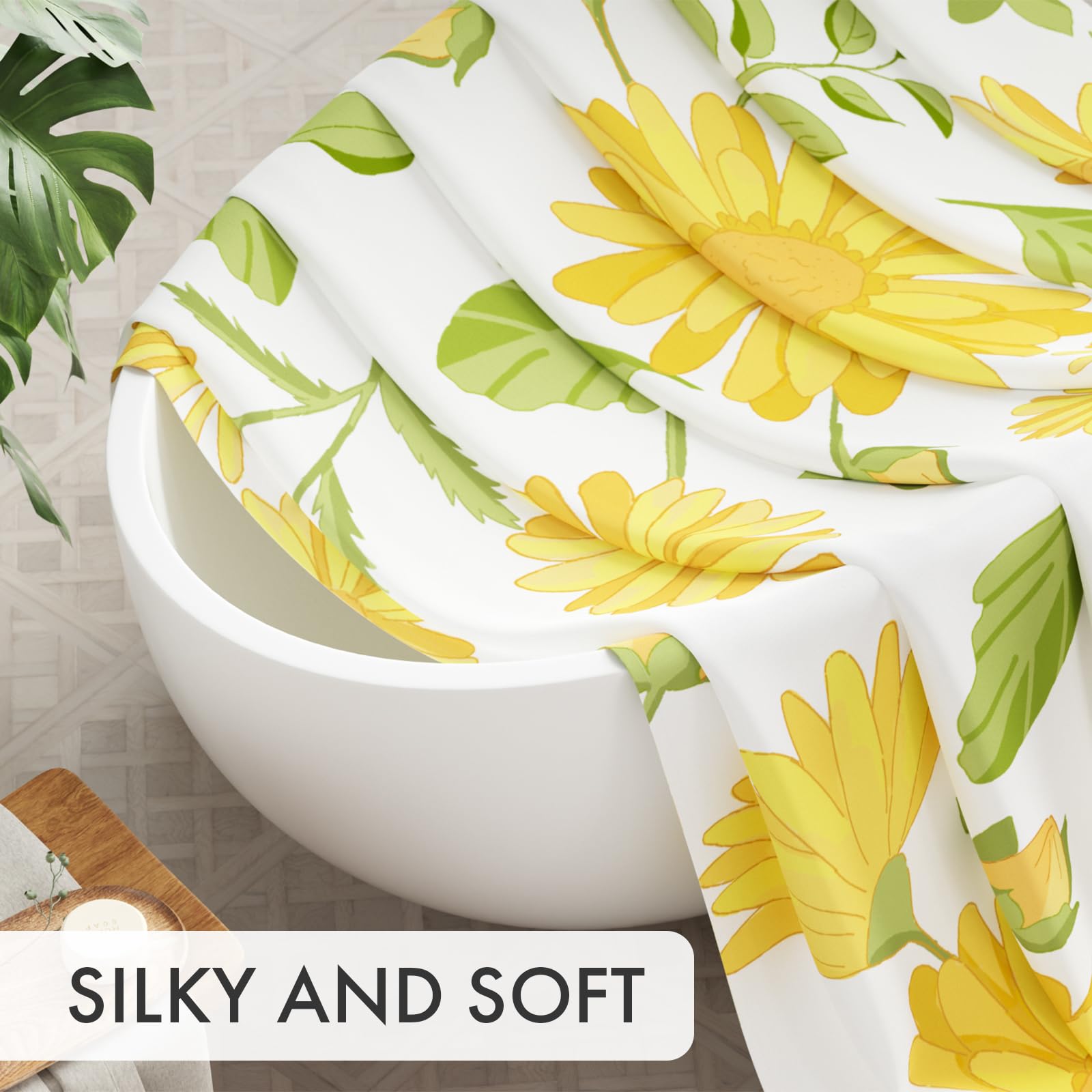 AmazerBath Floral Shower Curtain  Washable Cloth Shower Curtain Sets with 12 Shower Curtain Hooks  Fabric Rustic Yellow Gerbera Flower Eucalyptus Fall Shower Curtains for Bathroom Decor  72x72 Inches