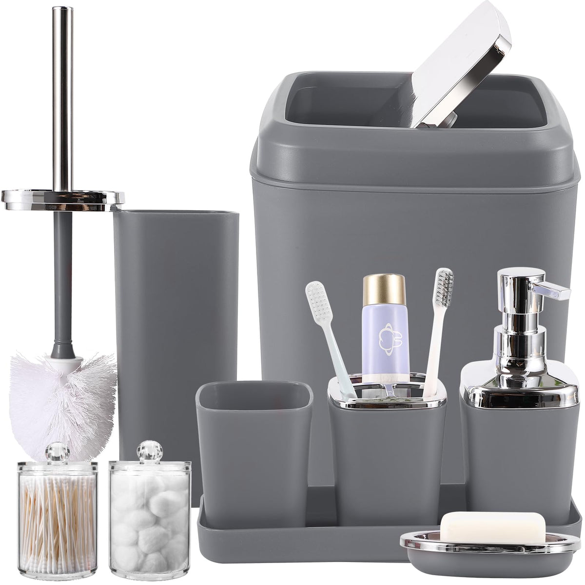 Xlhomo Grey Bathroom Accessories Set, 9 Piece Gray Bathroom Set, Bathroom Accessory Sets Compelete With Trash Can, Toothbrush Ho