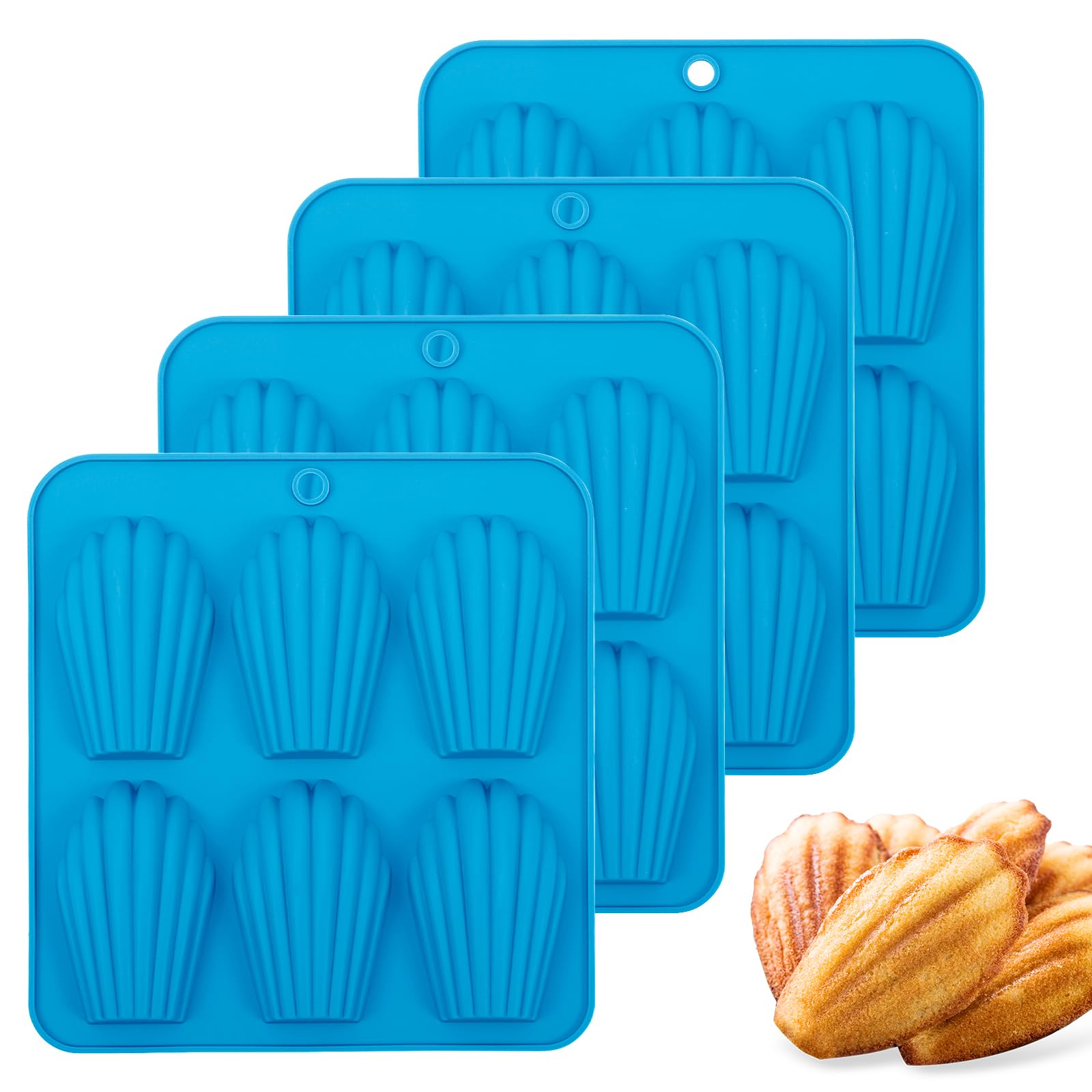 BIGOWL 4Pack Madeleine Pan, 6Cavity Shell Mold, Nonstick, OvenSafe, Blue