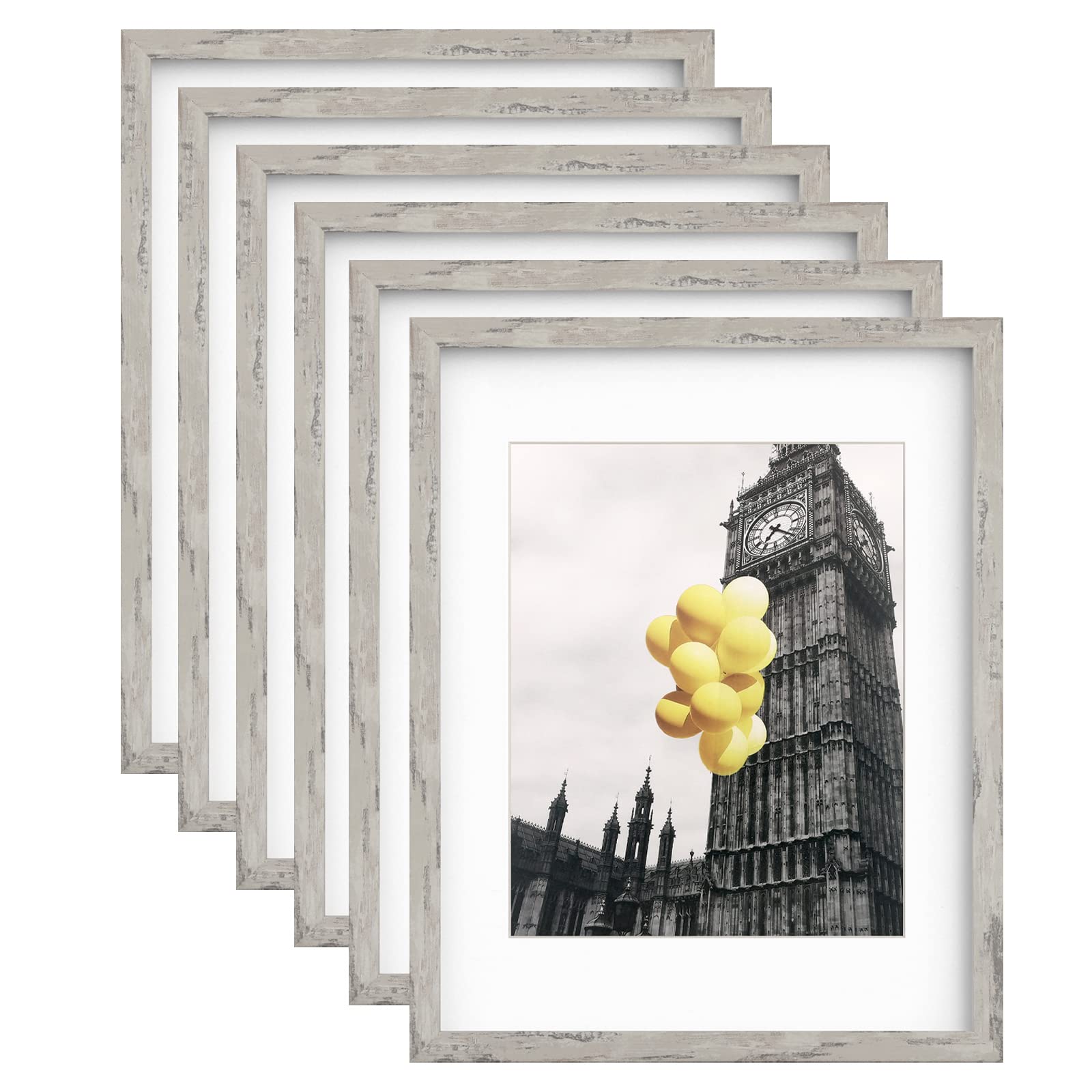 BSRHOME Picture Frames 11x14 Set of 6, Distressed Grey Photo Frame, Display Pictures 8x10 with Mat or 11x14 Without Mat, Washed 
