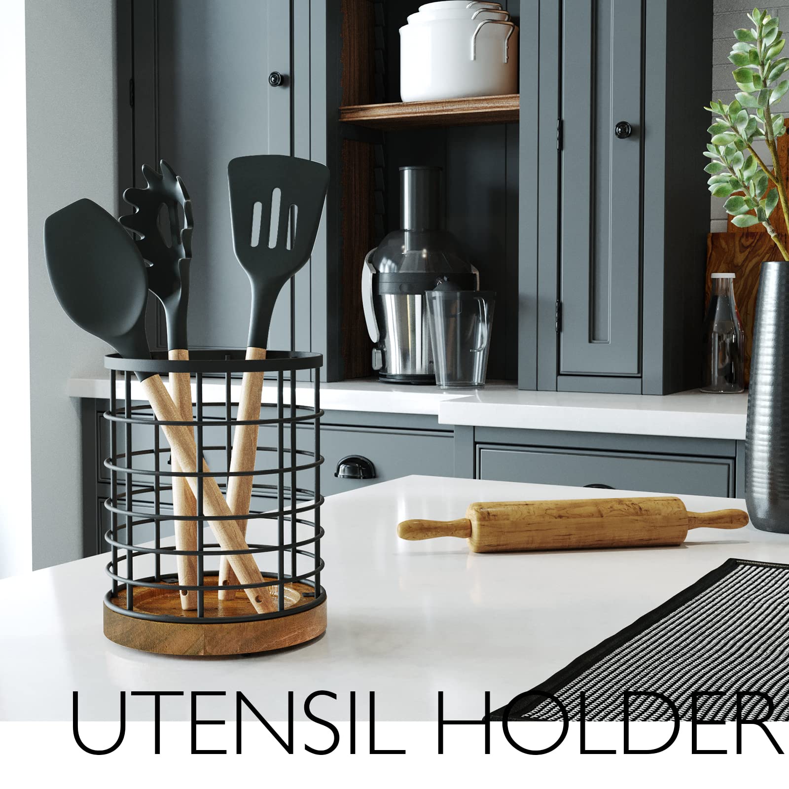 Wildmos Utensil Holder For Kitchen Counter,Black Wire With Wooden Base Countertop Utensil Holder, Large Wooden Cooking Utensil H