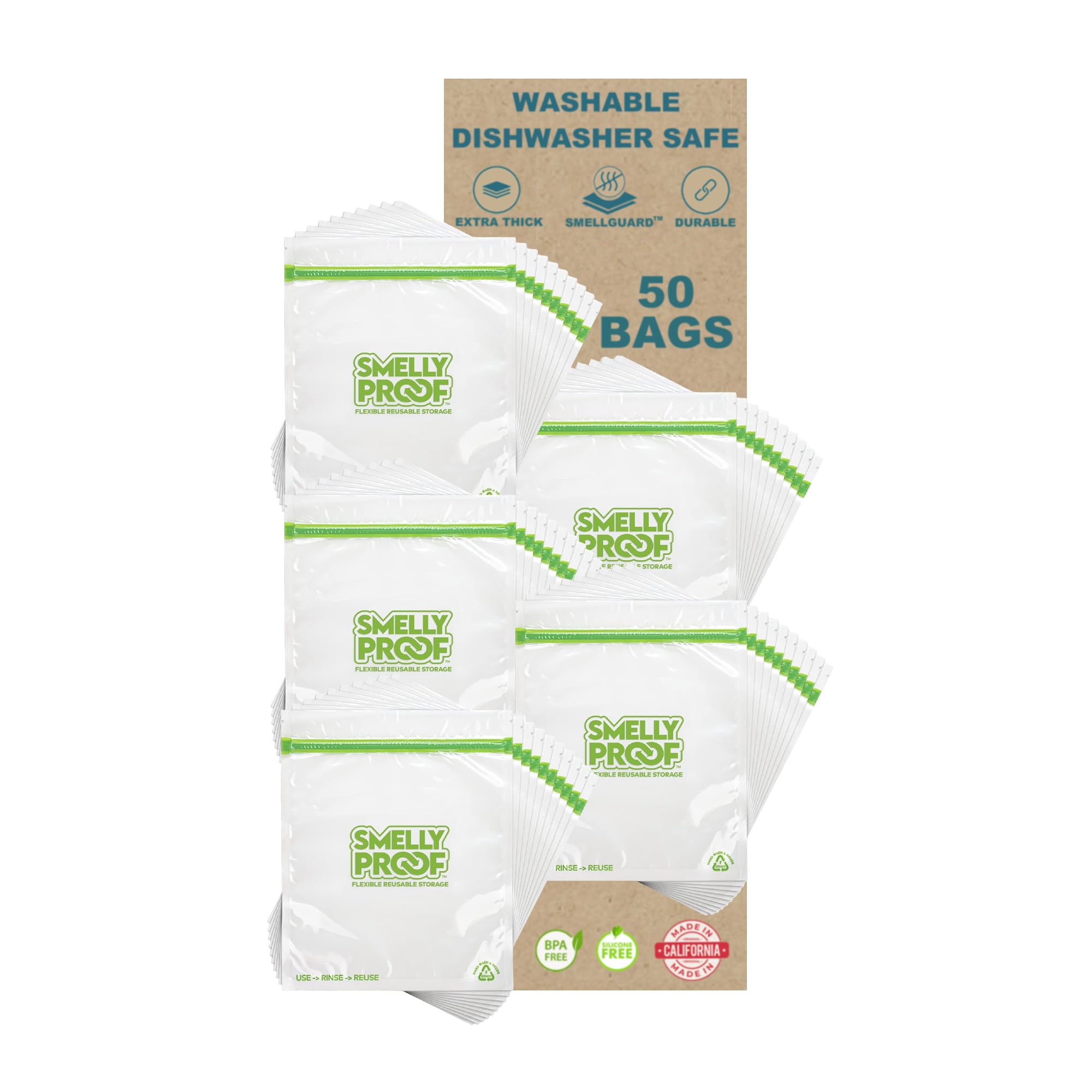 Smelly Proof 50pk Reusable Food Storage Bags - Made in USA, Dishwasher-Safe, BPA FREE, NO PEVA, Clear FLAT Large 3-mil Thick, 8.