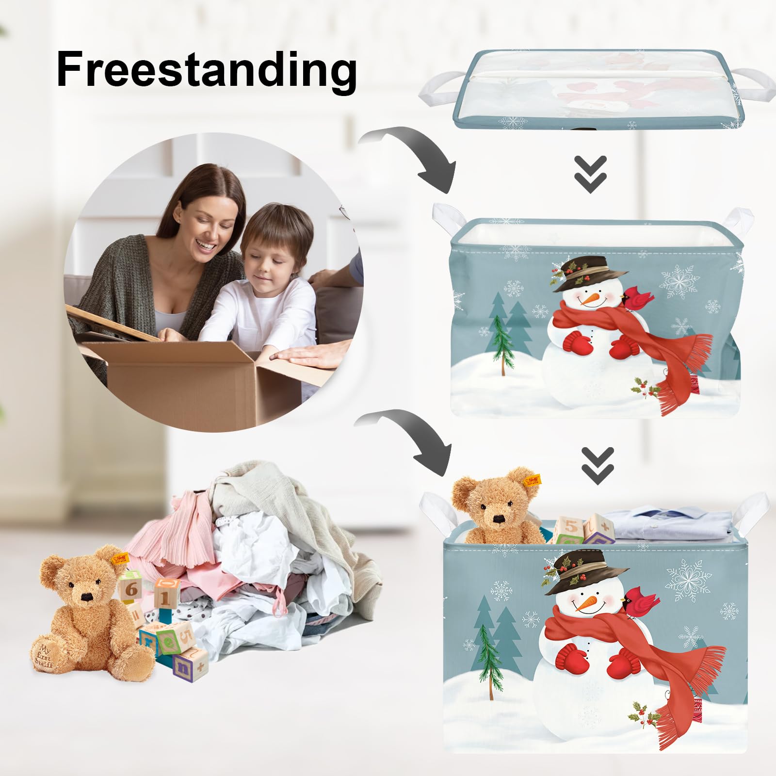 Clastyle Rectangular Snowman Christmas Basket Large Blue Winter Snowflake Shelf Basket Clothes Toy Book Gift Nursery Basket Coll