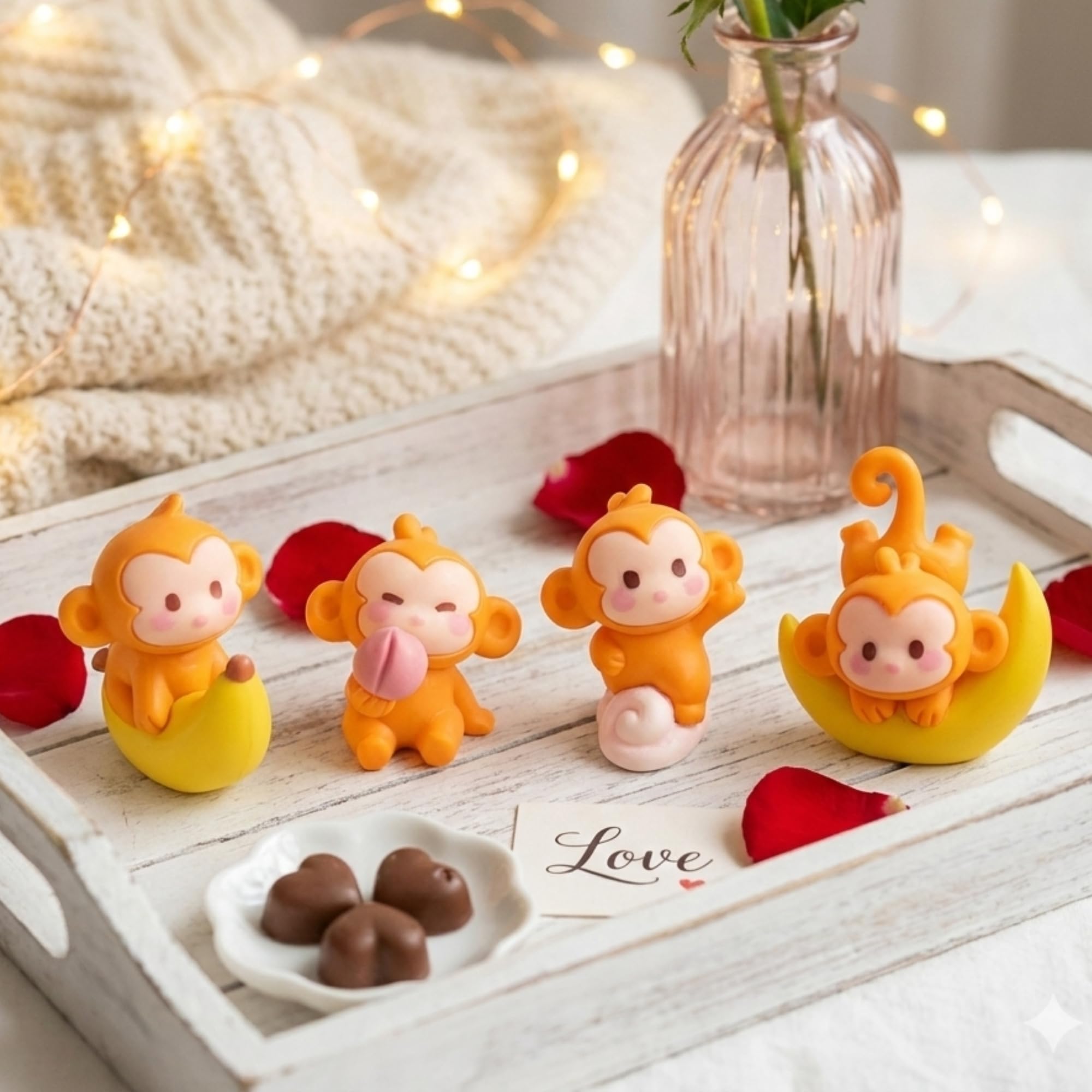 Ecraftindia 4 Pcs Cute Moon Monkey Miniature Showpiece Home Decor Valentine Gift For Girlfriend Boyfriend Husband Wife Her Him |