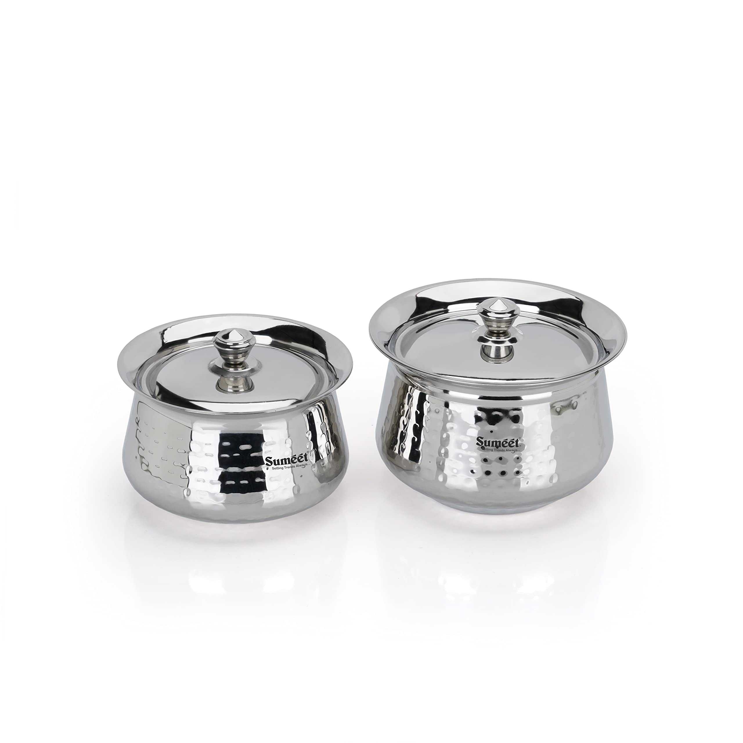 Sumeet Stainless Steel Handcrafted Hammered Texture Handi Set With Lid For Kitchen, Set Of 2, 950Ml & 1300Ml, Silver