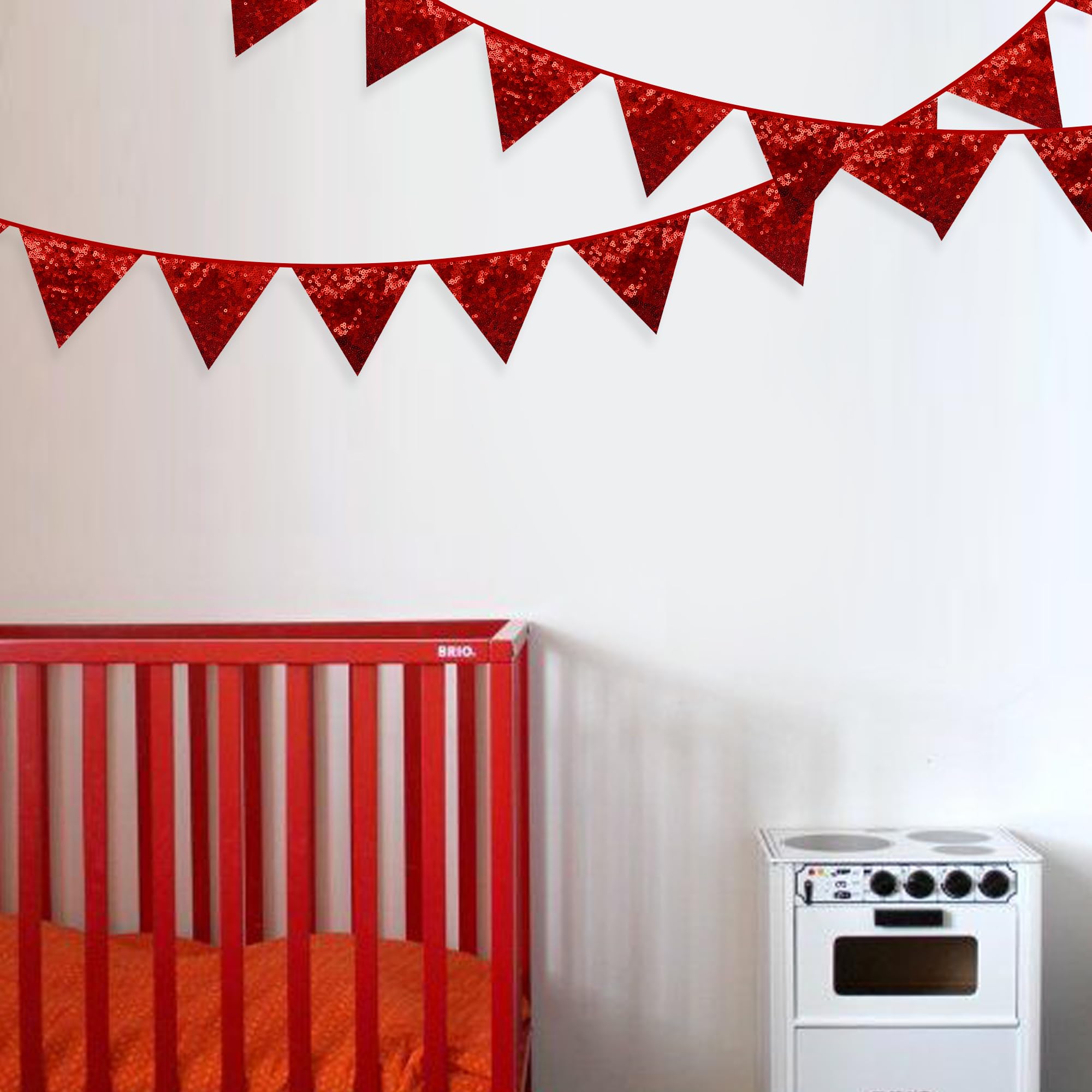Pinkblume Red Decorations Double Sided Red Sequin Fabric Triangle Pennant Banner Flag Bunting Garland For Red Theme Nursery Clas