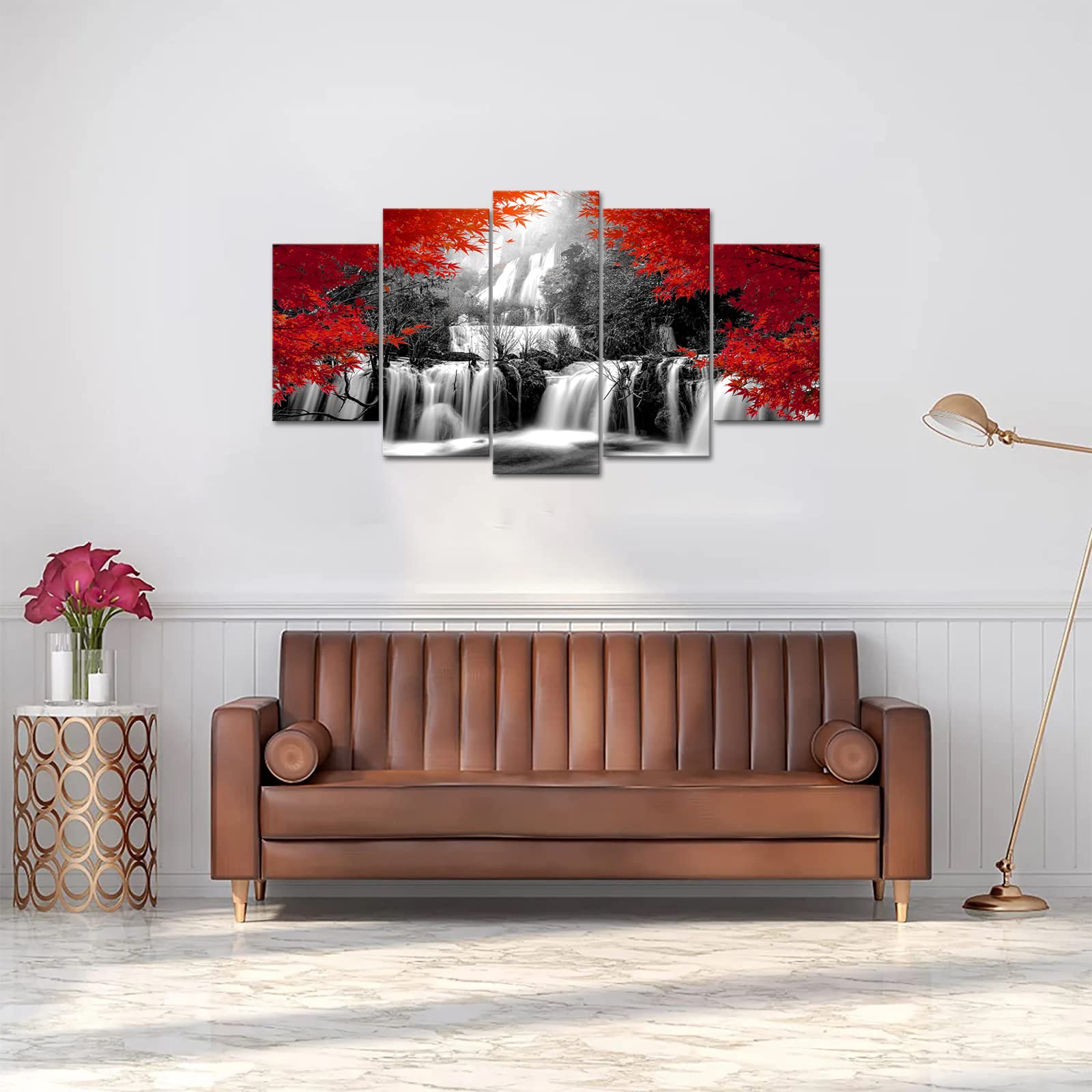 Vanseeing 5 Pieces Autumn Forest Waterfall Canvas Wall Art Red Tree Nature Scenery Picture Dreamlike River Natural Landscape Art