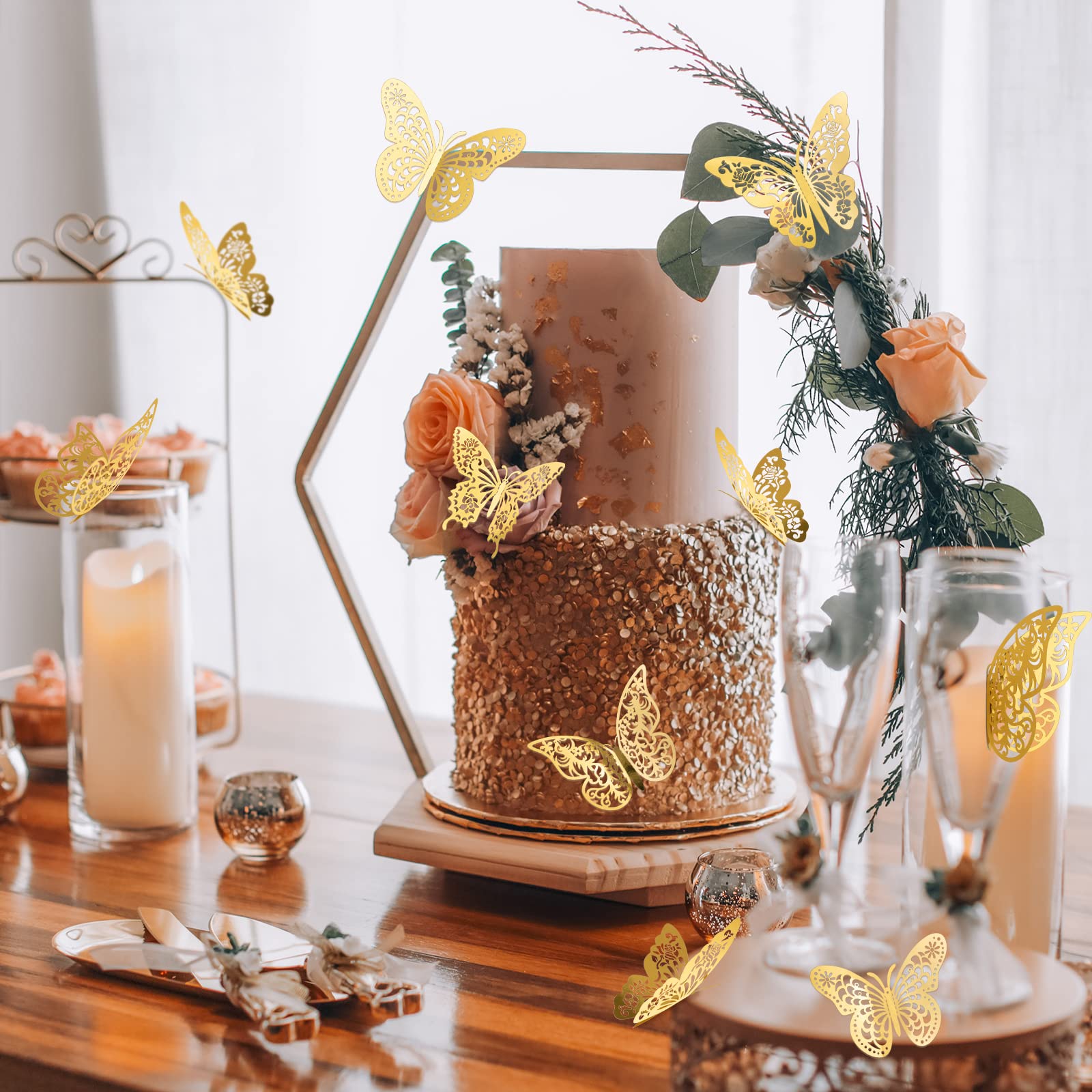 InsuWood 120Pcs 3D Butterfly Wall Decor  Gold Butterfly Decorations 5 Styles 3 Sizes  Butterfly Party Birthday Cake Decorations  Gold Butterfly Wall Stickers for Girls  Kids  Nursery  Wedding Decor